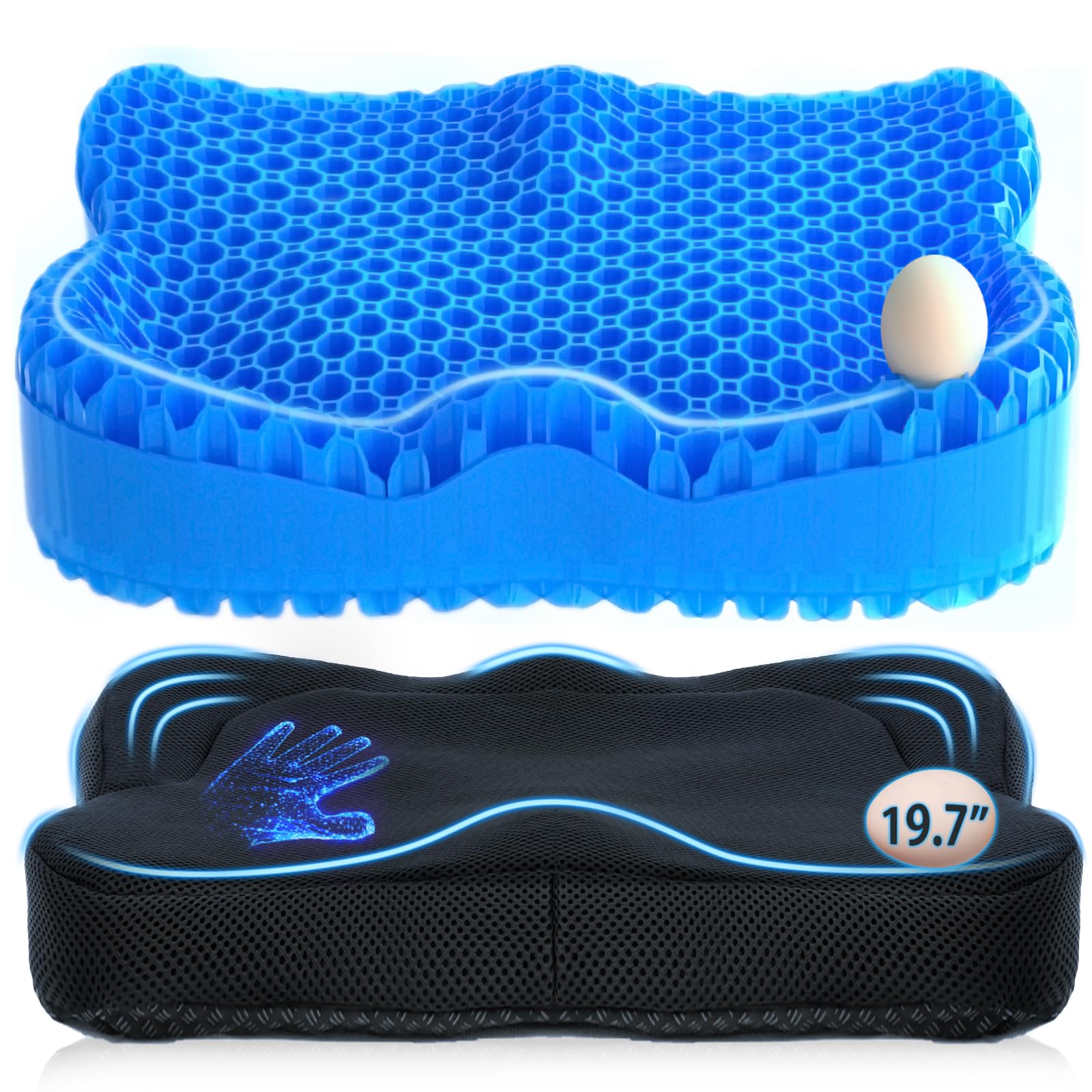 Gel Seat Cushion, Extra19.7"Chair Seat Pads for Wheelchair, Soft Cushions Car Office Chair for Pressure Coccyx Sciatica Pain Relief, Ergonomic Cooling Breathable Cushion for Long Sitting Blue