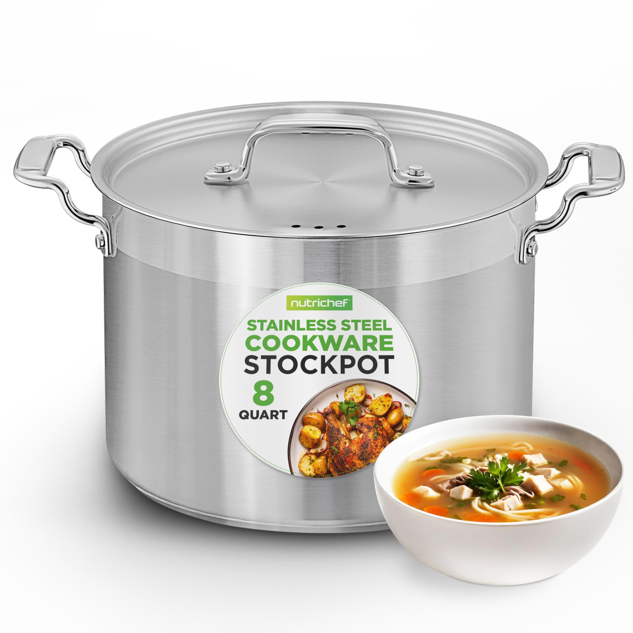 NutriChef 8 Qt Heavy-Duty Stockpot with Stainless Steel Lid - Induction Compatible Cooking Pot, Ideal for Soups and Stews