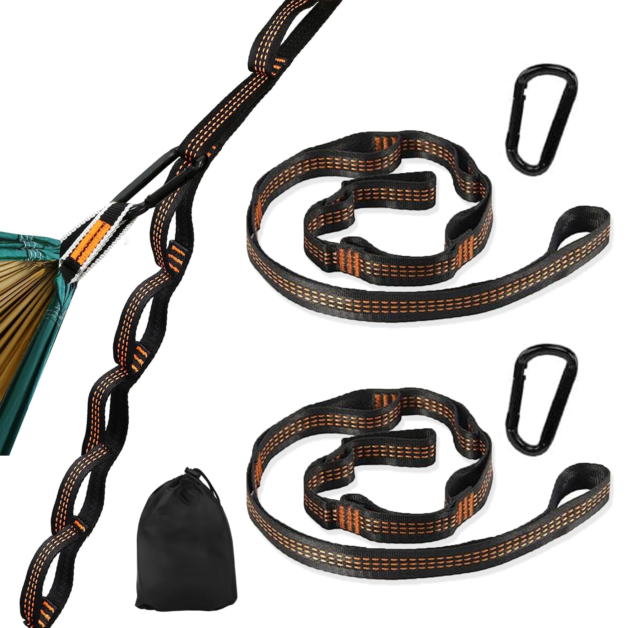 2 Stück Hängematte Befestigung, 3 m x 2,5 cm, Befestigung Seil Für Hängematte Mit 11 Schlaufen, Hängematten Aufhängung Mit 2 Schwarz Hakenkarabinern für Hängematte Hängesessel Schaukel Camping Outdoor