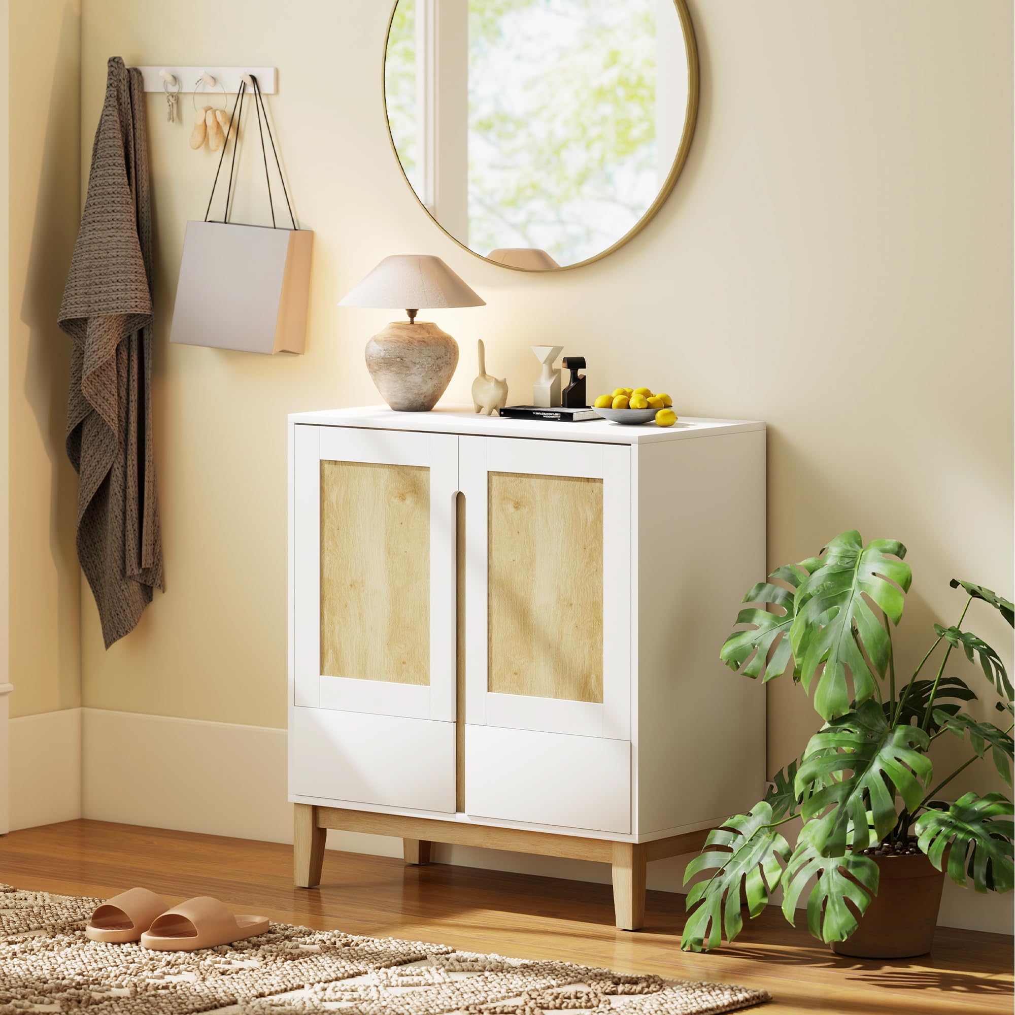 HOMCOM Buffet 2 Portes 2 Tiroirs Nordique 80 x 40 x 86 cm Blanc et Chêne | Meuble de Rangement, Étagère Réglable, Pieds en Bois de Caoutchouc, Buffet Salle à Manger, Cuisine et Salon