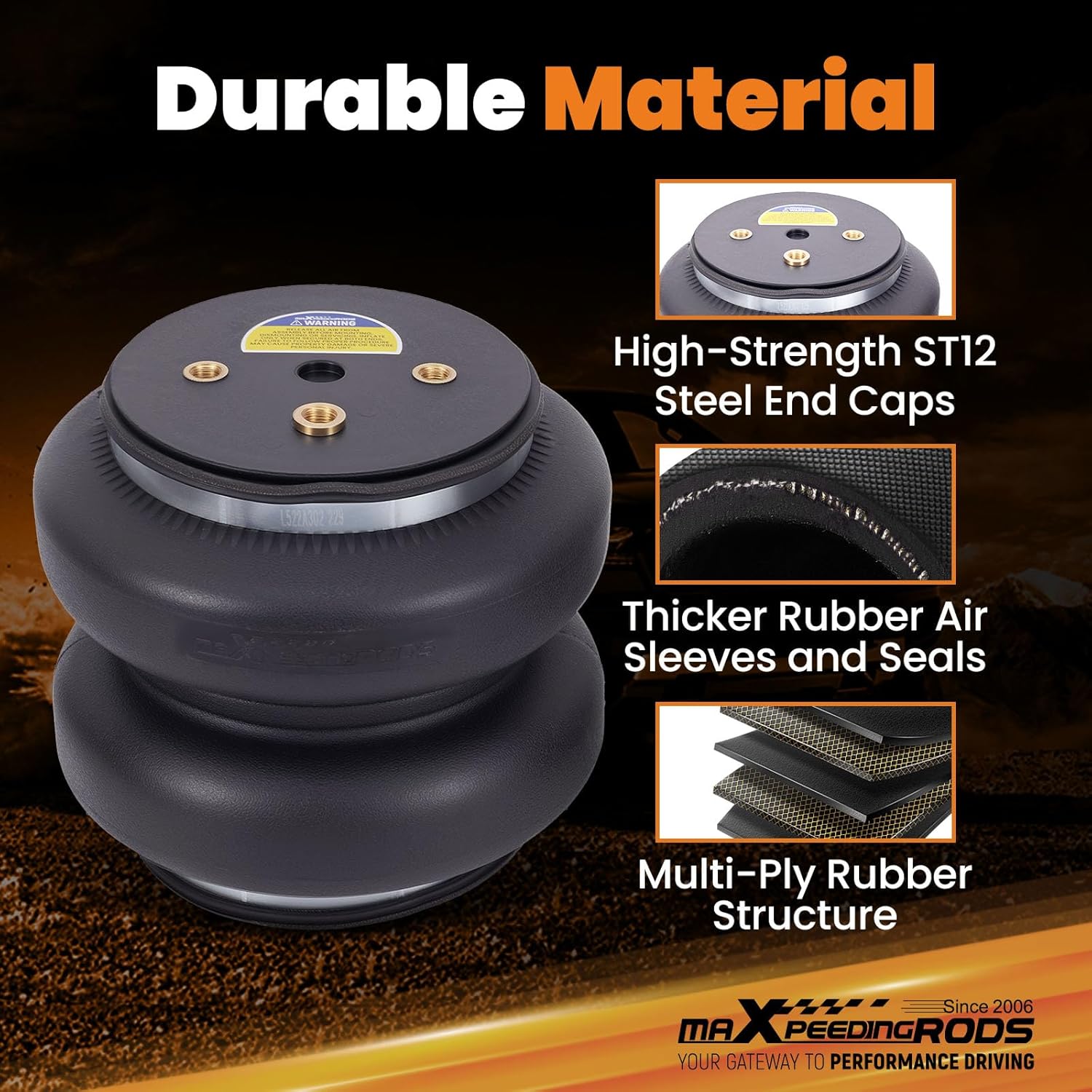 Close-up of air spring construction showing multi-ply rubber and steel end caps