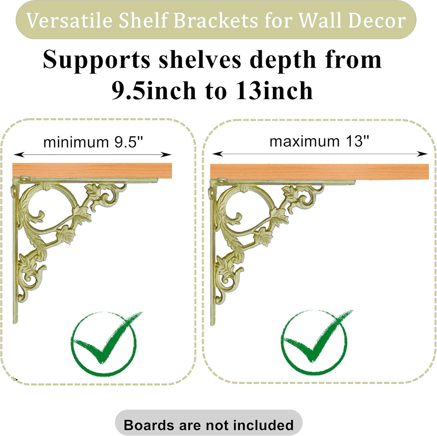 Cast Iron Victorian Scroll Shelf Brackets, 9 x 9 inch Antique Decor Shelves Bracket, Wrought Iron Corner Brackets,Wall Decorative, Modern Shelving Bracket for DIY Floating Shelves, Gold, 2 Pcs