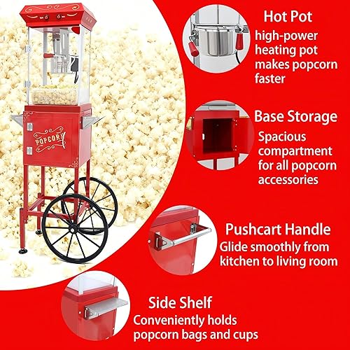Miniatura 4 de Máquina de palomitas de maíz con carrito y ruedas, máquina para hacer palomitas de maíz con hervidor de acero inoxidable de 8 onzas, máquina de maíz