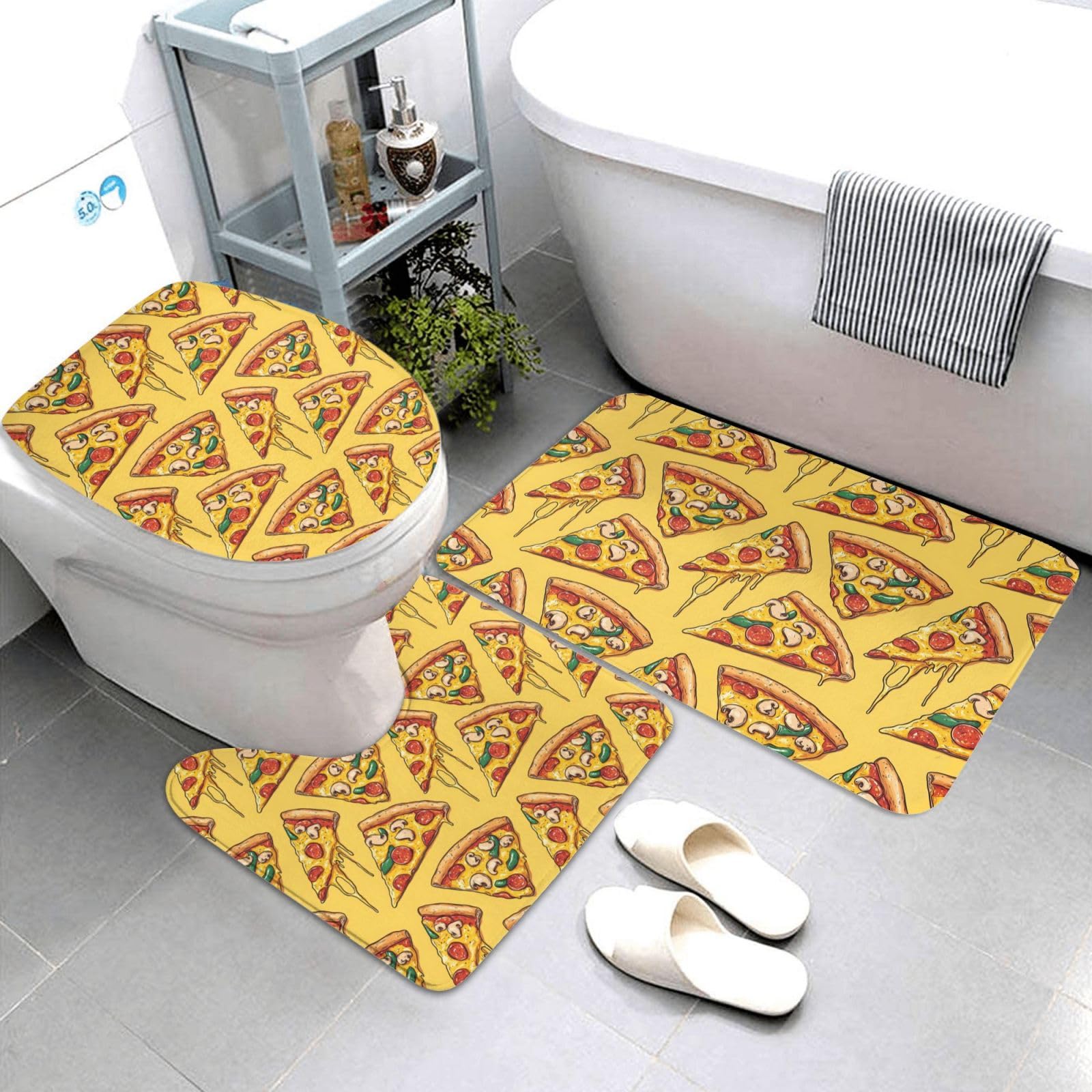 Tapis de bain lavable motif pizza de dessin animé set 3 pièces doux pour douche et WC