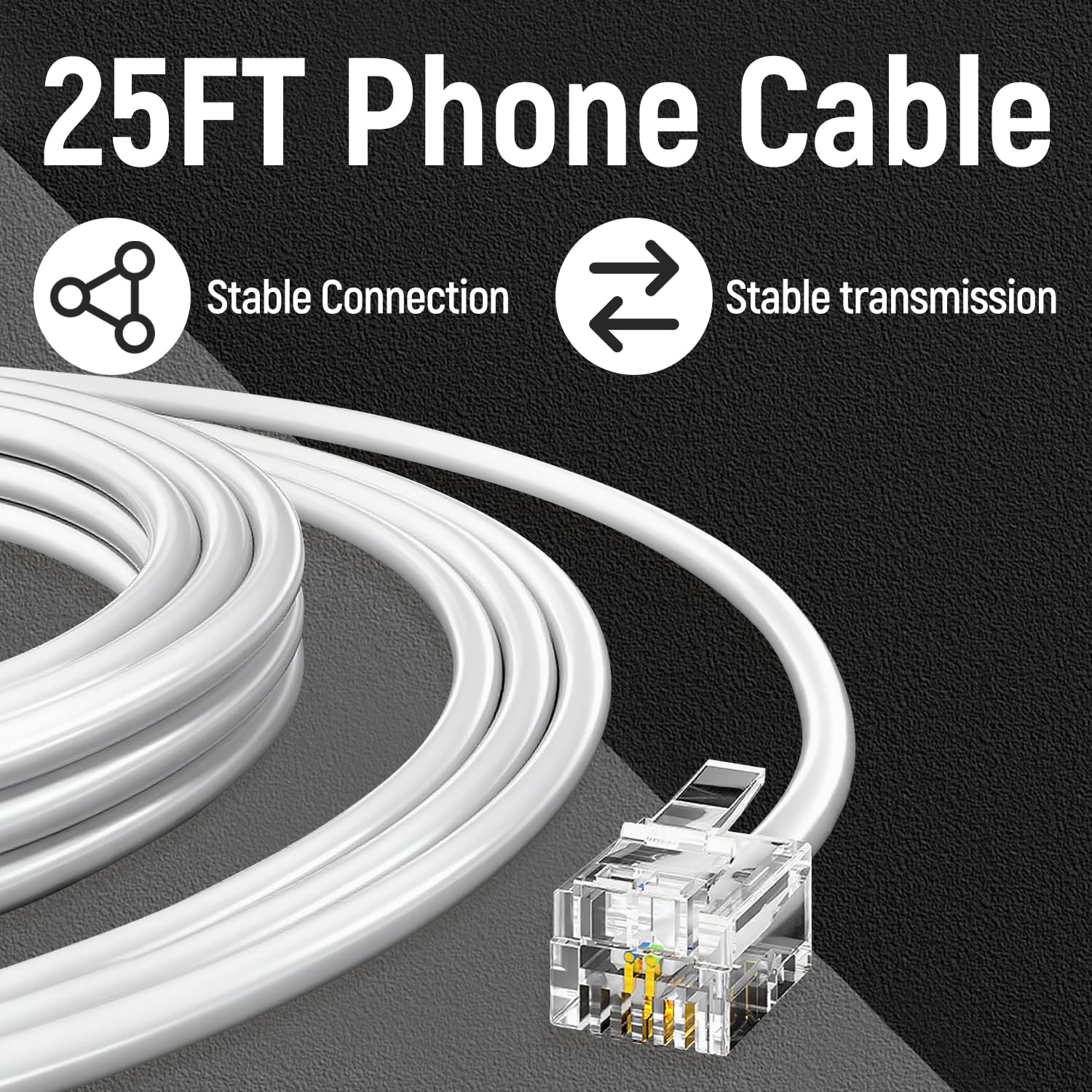 Uvital 25 Feet White Phone Extension Line Cord, Standard RJ11 6P4C Telephone Cable Wire, Landline Phone Wire for Telephone, Modem, Fax Machine - 2