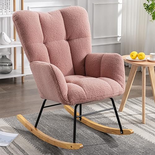 KINFFICT Silla mecedora tapizada de terciopelo de peluche con respaldo alto, sillón moderno de mediados de siglo, silla auxiliar cómoda para sala de