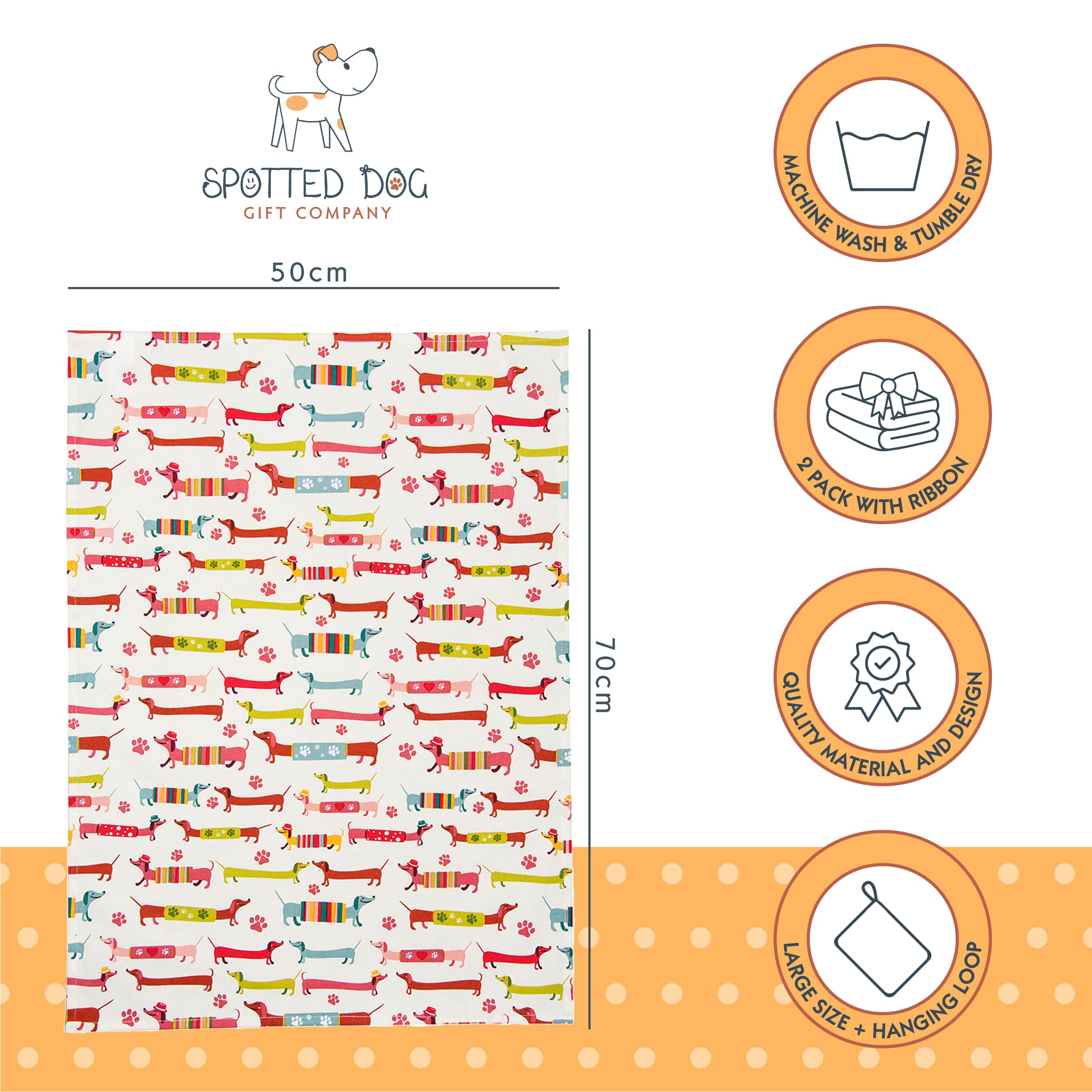 SPOTTED DOG GIFT COMPANY Set 2 Strofinacci Cucina Cotone 100% 50x70cm, Canovacci Assorbenti Lavabili, Asciugapiatti con Bassotto, Regali per Amanti dei Cani (Confezione da 2)