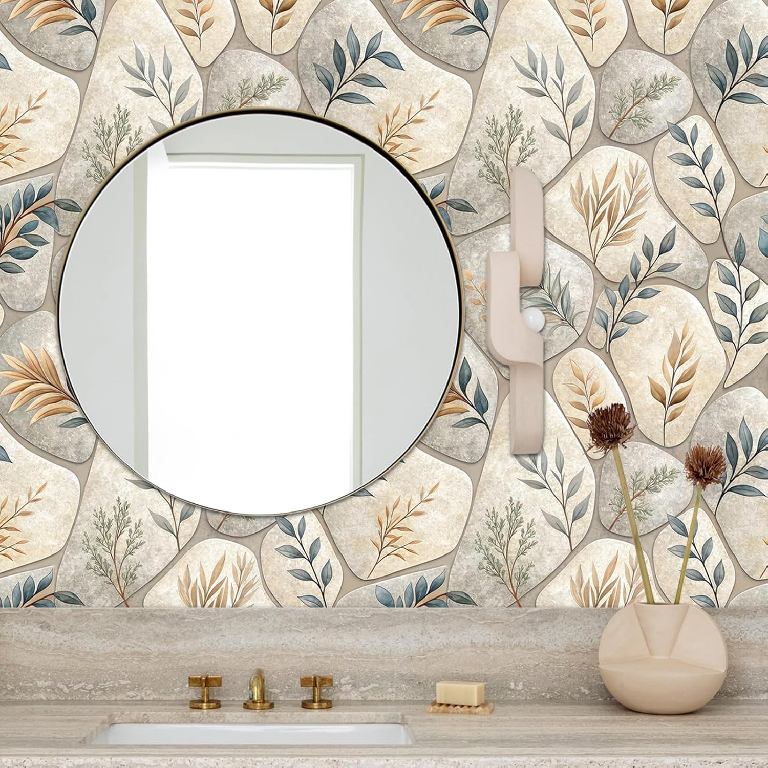 Vivid Leaf Wallpaper Self Adhesive Peel and Stick Beige Blue Watercolor Botanical Leaf Cobblestone Contact Paper Removable Waterproof for Bedroom Renter Friendly 17.71"x236.2"