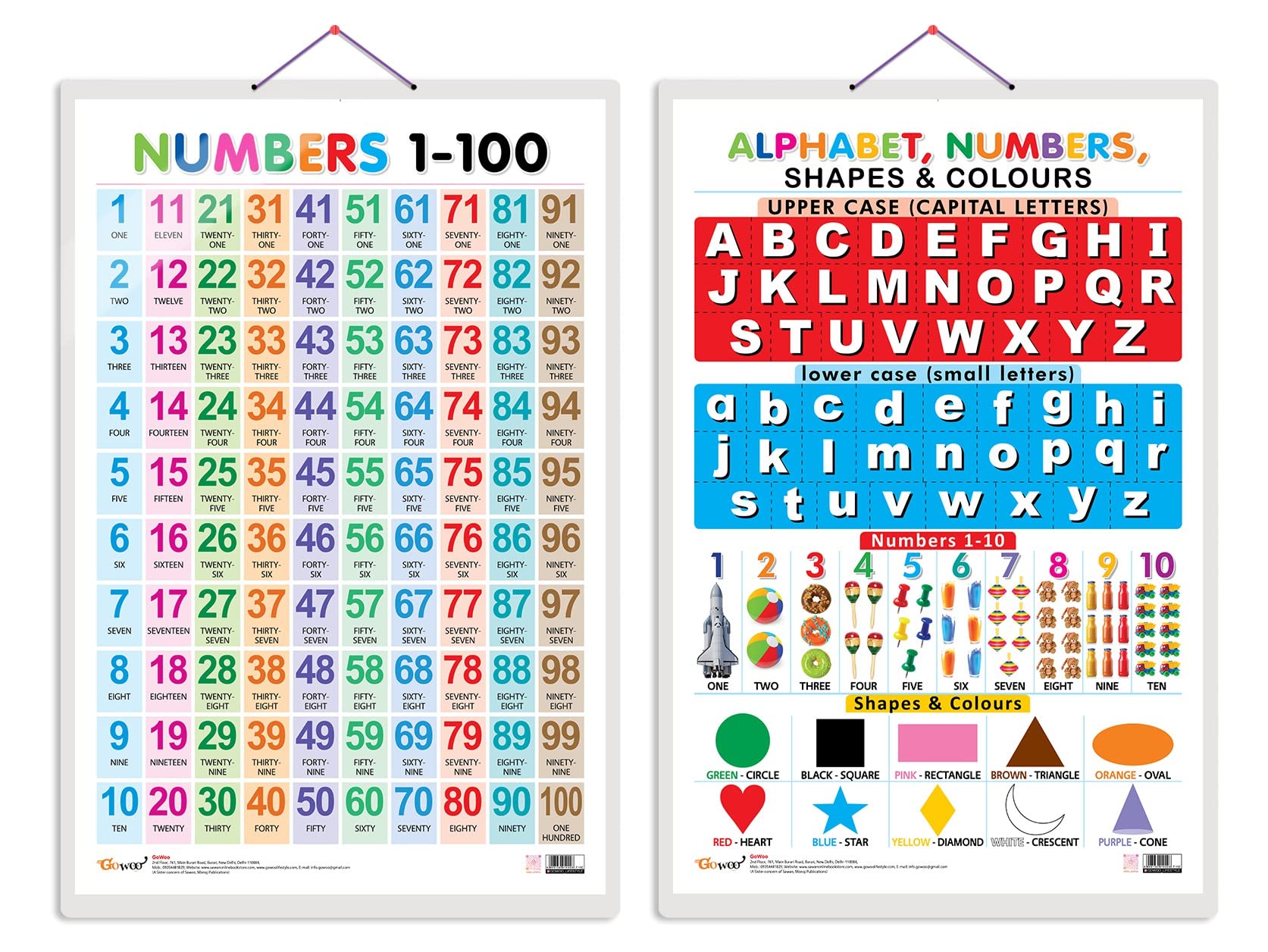 Set Of 2 Numbers 1-100 And Alphabet, Numbers, Shapes & Colours Early Learning Educational Charts For Kids|20"X30" Inch|Non-Tearable And Waterproof|Double Sided Laminated