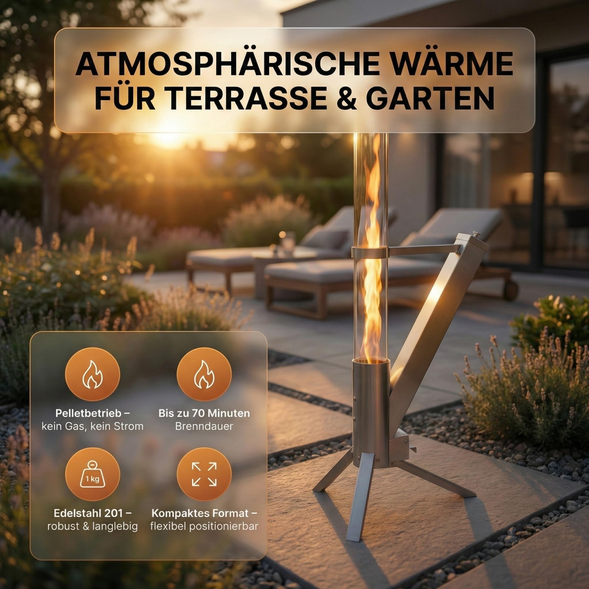 Albatros hochwertige Pelletfackel aus Edelstahl | Raketenofen für den Garten | mit Glas Feuerrohr | Terrassenheizung Terrassenofen | Outdoor Feuerstelle ohne Strom | bis 70 Min Brenndauer
