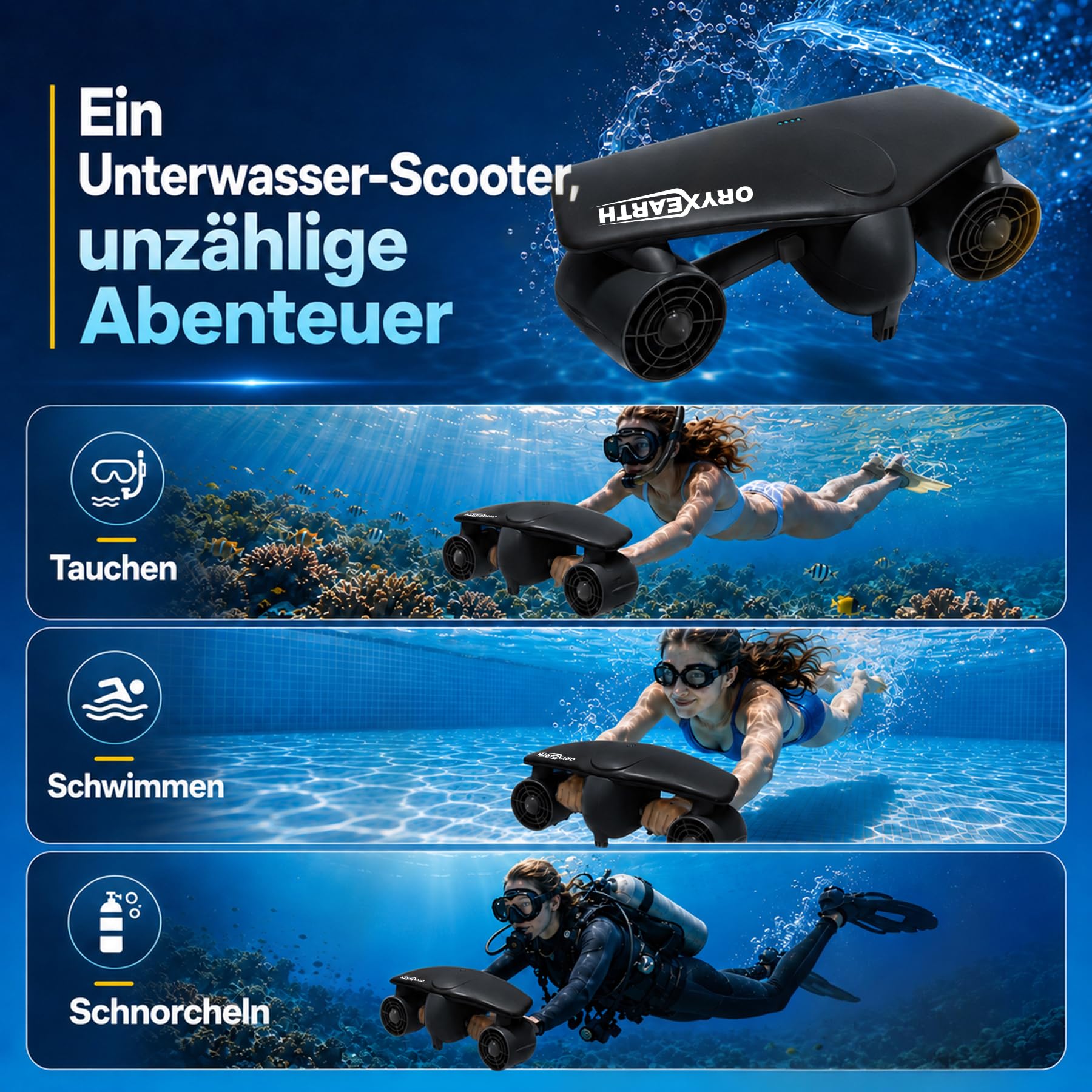 Oryxearth Doble Motor Scooter Submarino, 50 m, profundidad, 2 velocidades ajustables, soporte para cámara de acción, alerta de batería baja, scooter marino impermeable con seguridad infantil para
