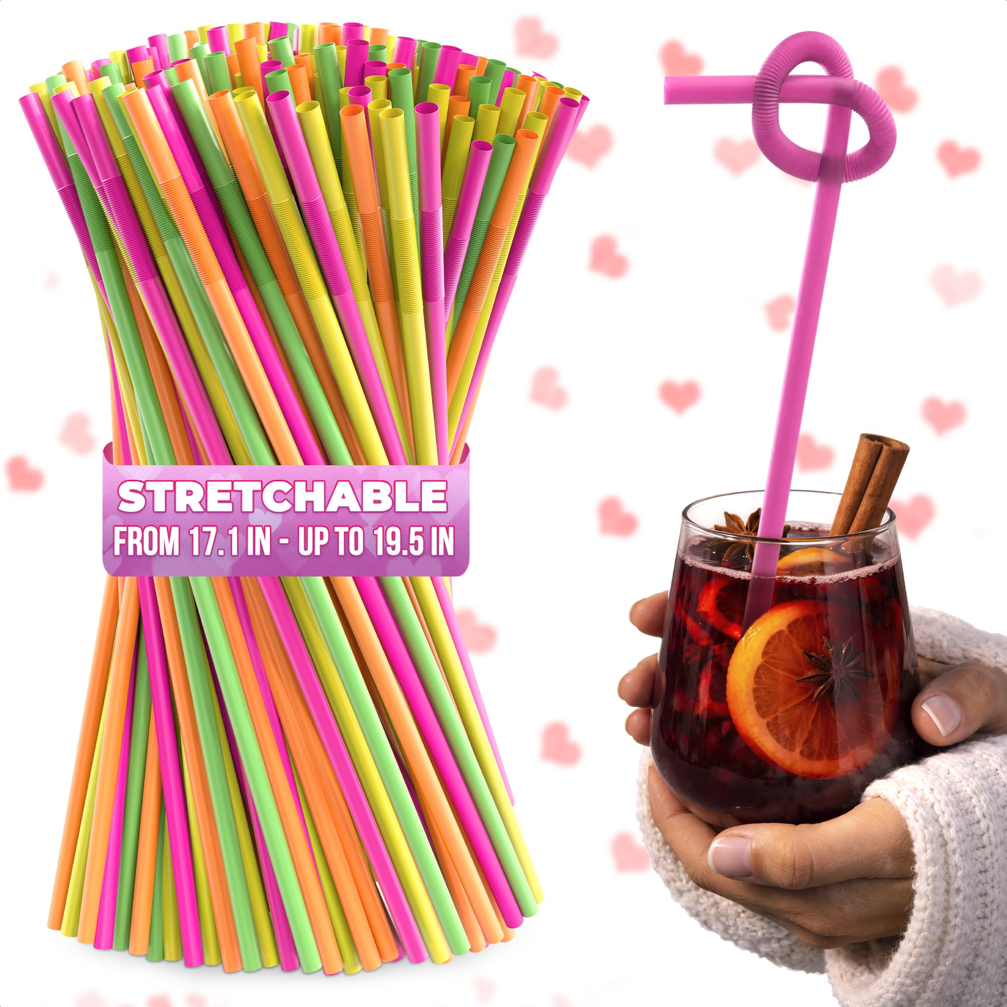 200 Pcs Extra Long Straws Disposable – Fun Neon 4 Colors Long Bendy Straws 17" Twist Up to 19.5" Plastic Drinking Straws for Holiday Party Drinks, Odorless Tasteless, Food-Grade Plastic