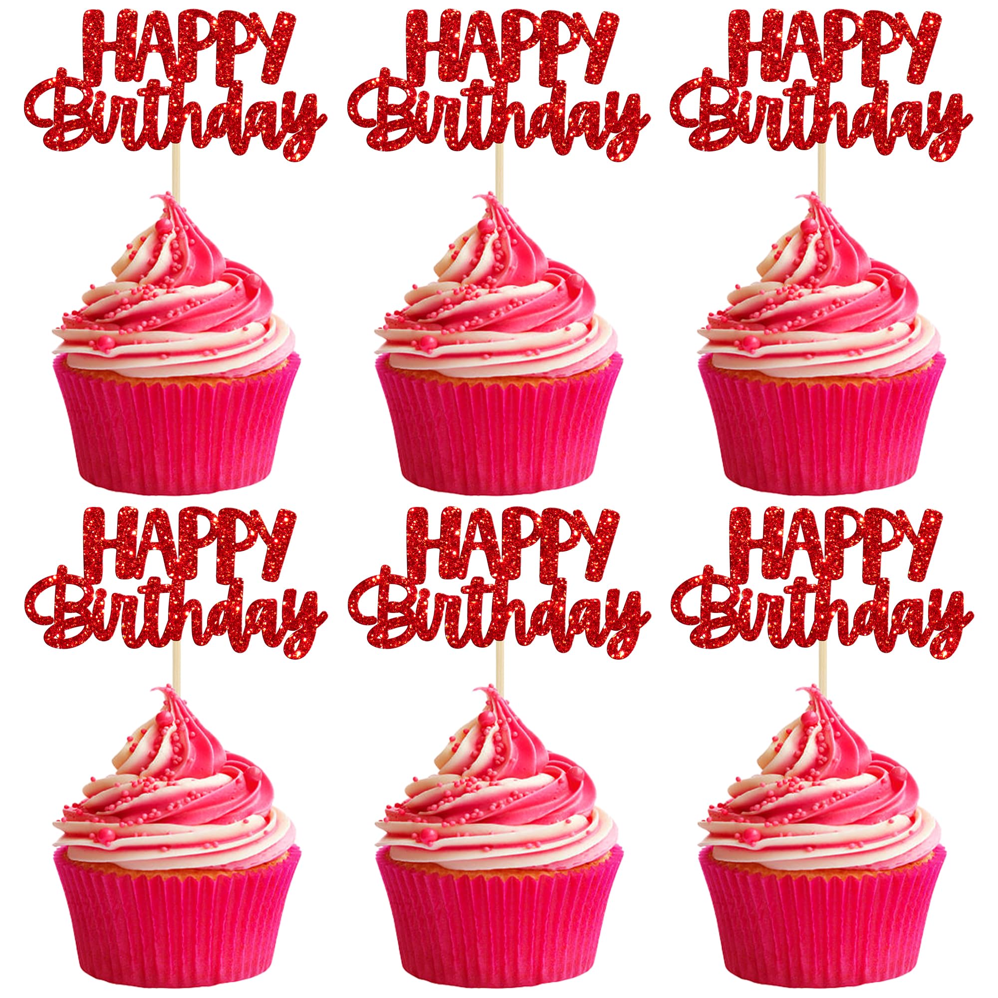 Gyufise 24Pcs Happy Birthday Cupcake Toppers Glitter Birthday Cupcake Food Picks for Celebrating Happy Birthday Theme Party Cake Decorations Supplies Red