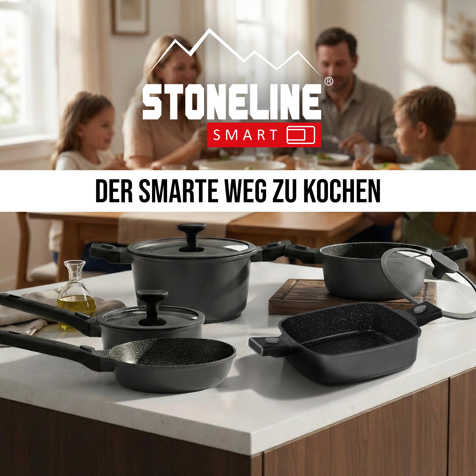 STONELINE SMART Servierpfanne 28 cm ☆ REDESIGN 25/26 ☆ Eckige Pfanne mit Deckel, Abnehmbarer Griff, Aluguss Pfanne Induktion, Alle Herdarten, Antihaftbeschichtet mit echten Steinpartikeln, Grau