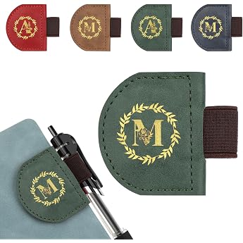 JSRQT Magnetic Leather Bookmark with Pen Holder Personalised Letter Book Markers Name Page Marker Book Marker Gifts for Book Lovers and Readers Green M