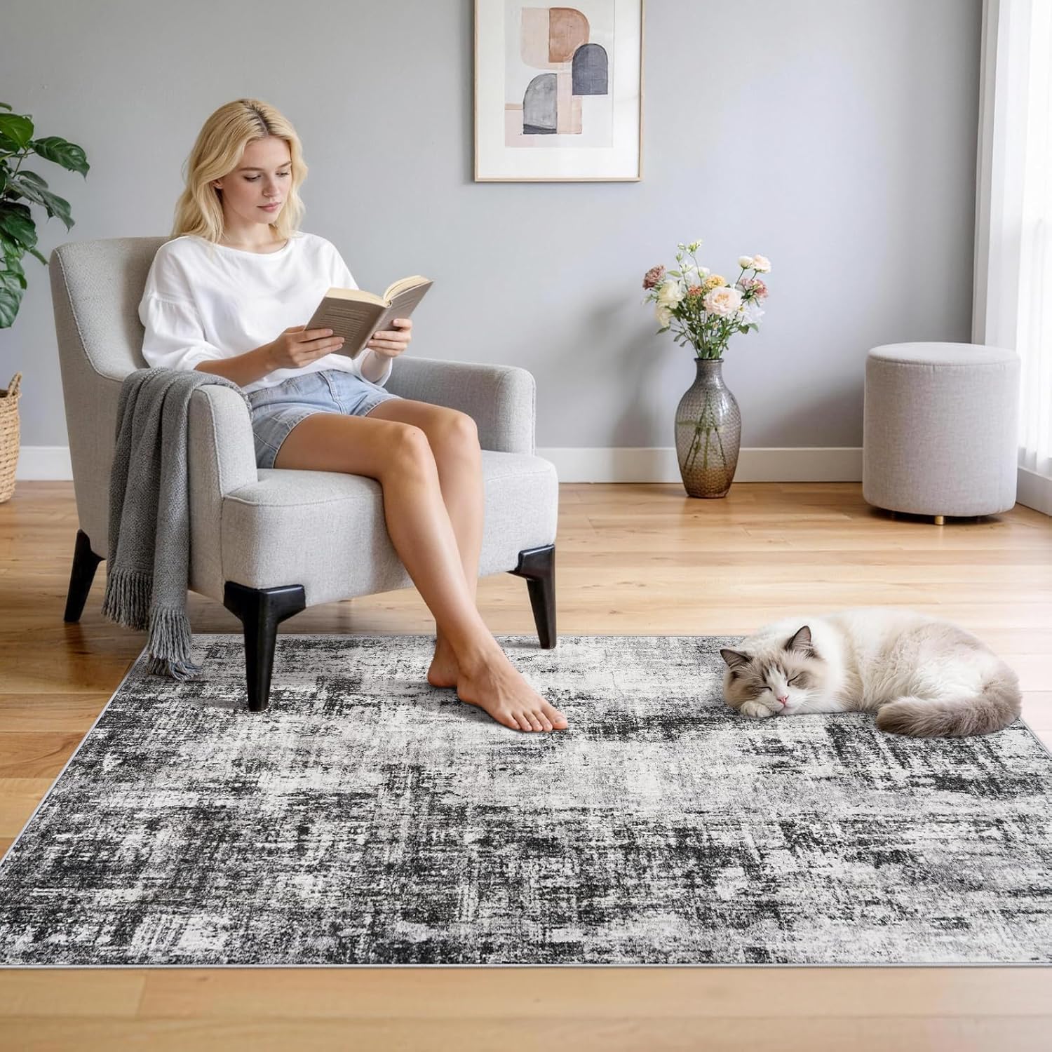 Washable 3x4 Entryway Rug: Modern Abstract Non-Slip Kitchen Rugs Water-Resistant Small Shower Mat for Bathroom Living Room - Thin Soft Easy-Clean Decorative Carpet for Pets Family(Black 3x4)