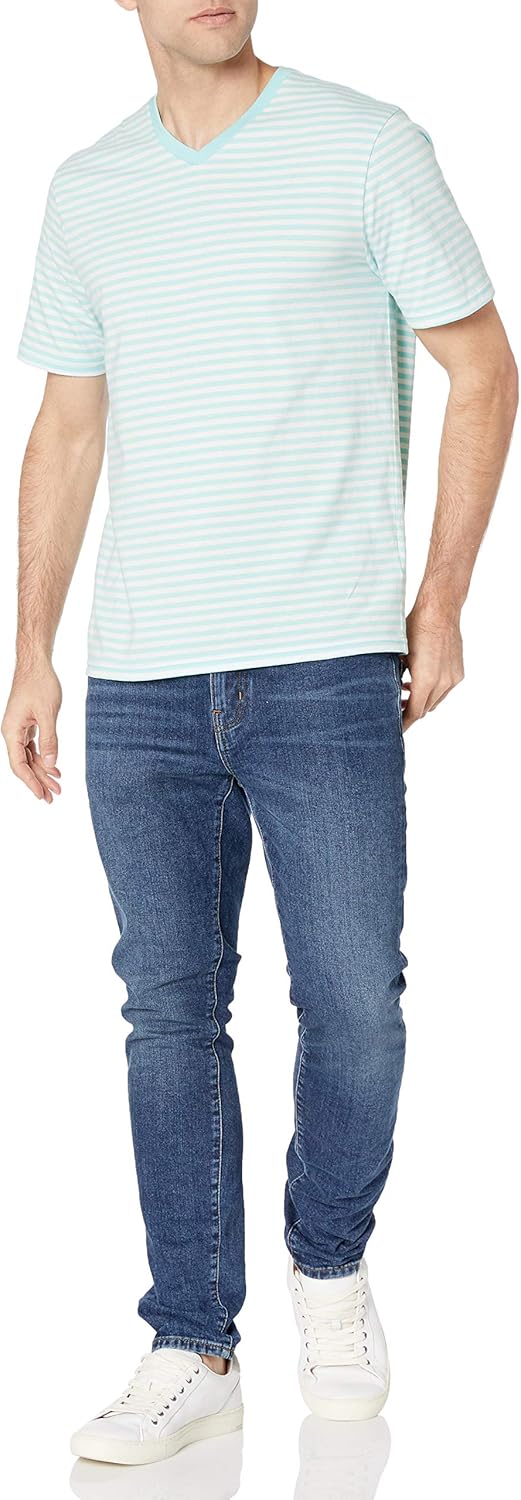 Amazon Essentials Men's Regular-Fit Short-Sleeve V-Neck T-Shirt, Pack of 2 X-Large Aqua Blue/White, Stripe