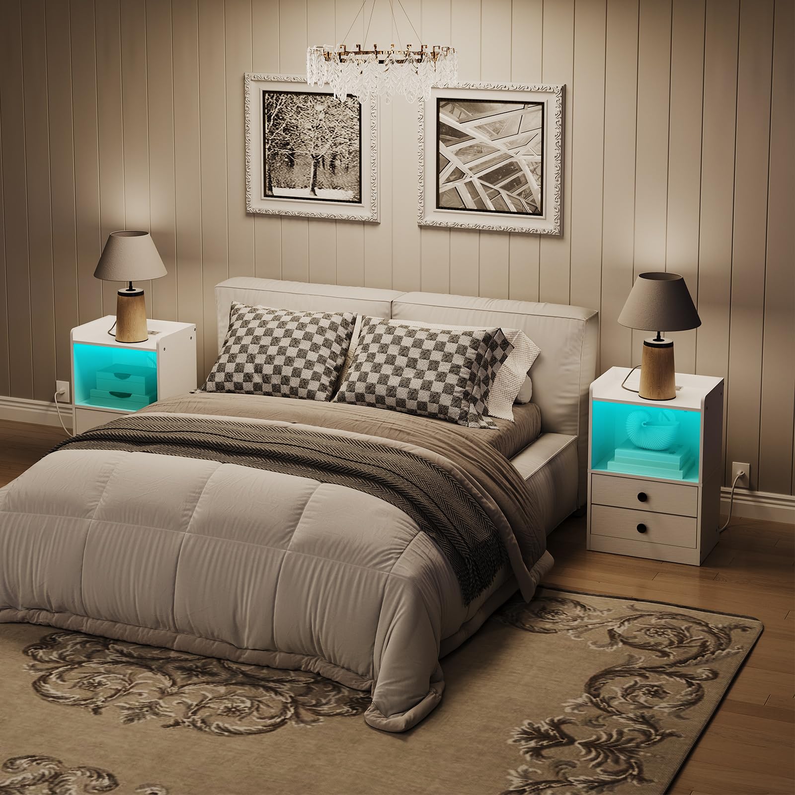 HOOBRO Comodino con Striscia LED, Tavolino con Stazione di Ricarica, 2 Cassetti, Portaoggetti con Luce Regolabile, per Camera da Letto, Soggiorno, Stile Moderno, Bianco EWT28CDBZ01