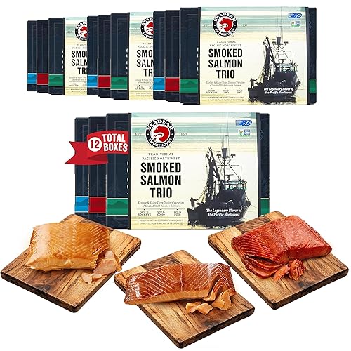 Miniatura 12 de SeaBear Trío de salmón ahumado de 18 onzas (3 x 6 onzas) - Filetes de regalo Wild Alaska Sockeye, Wild Alaska Sockeye, Wild Pink & Coho, estable