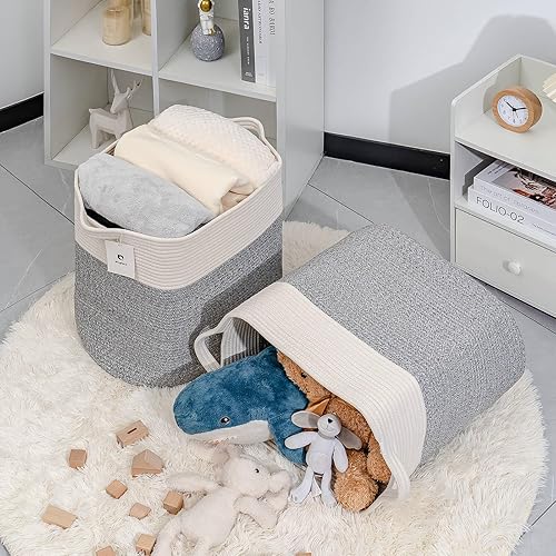 Miniatura 5 de Contenedores de almacenamiento altos rectangulares de algodón extra grande para almacenamiento de juguetes, cesta rectangular con asas, canasta