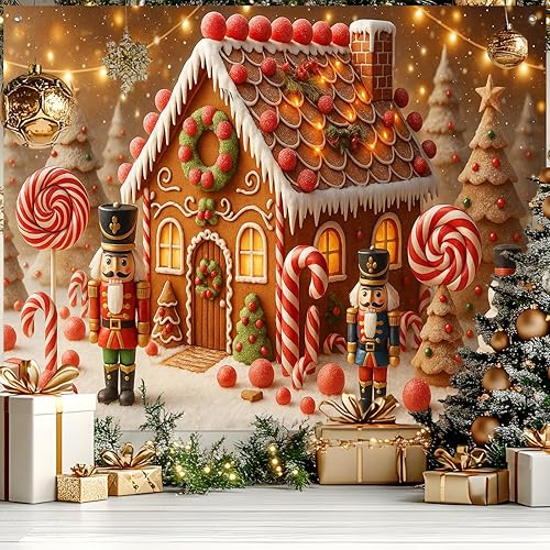 Miniatura 14 de Pancarta de Navidad 8 * 6 pies Telón de Fondo de Árbol de Chimenea Fondo de Vacaciones con Cajas de Regalo Luces de Guirnalda para Decoración