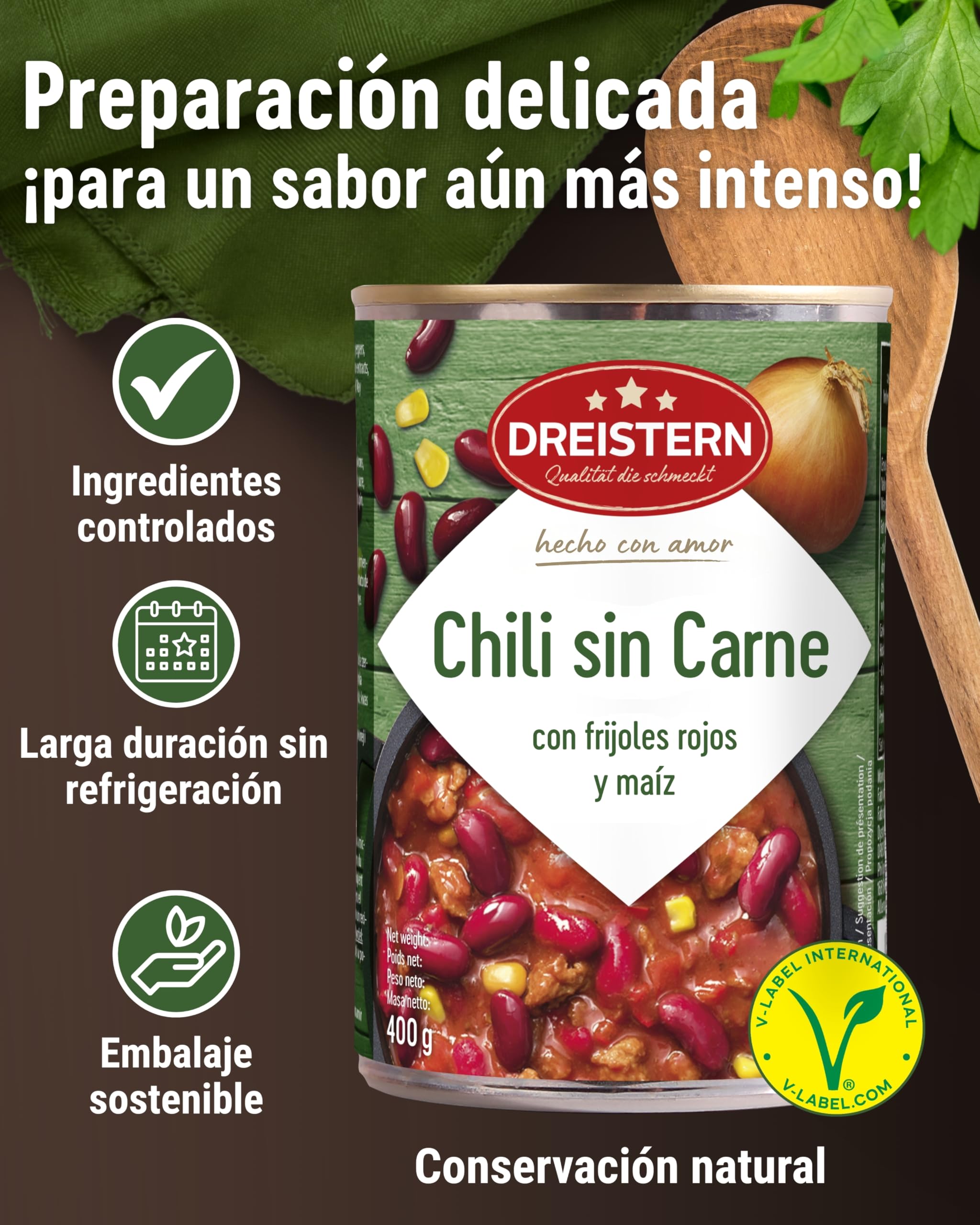 DREISTERN Chili sin Carne 400 g Guiso vegano con frijoles rojos y maíz Alto en proteínas