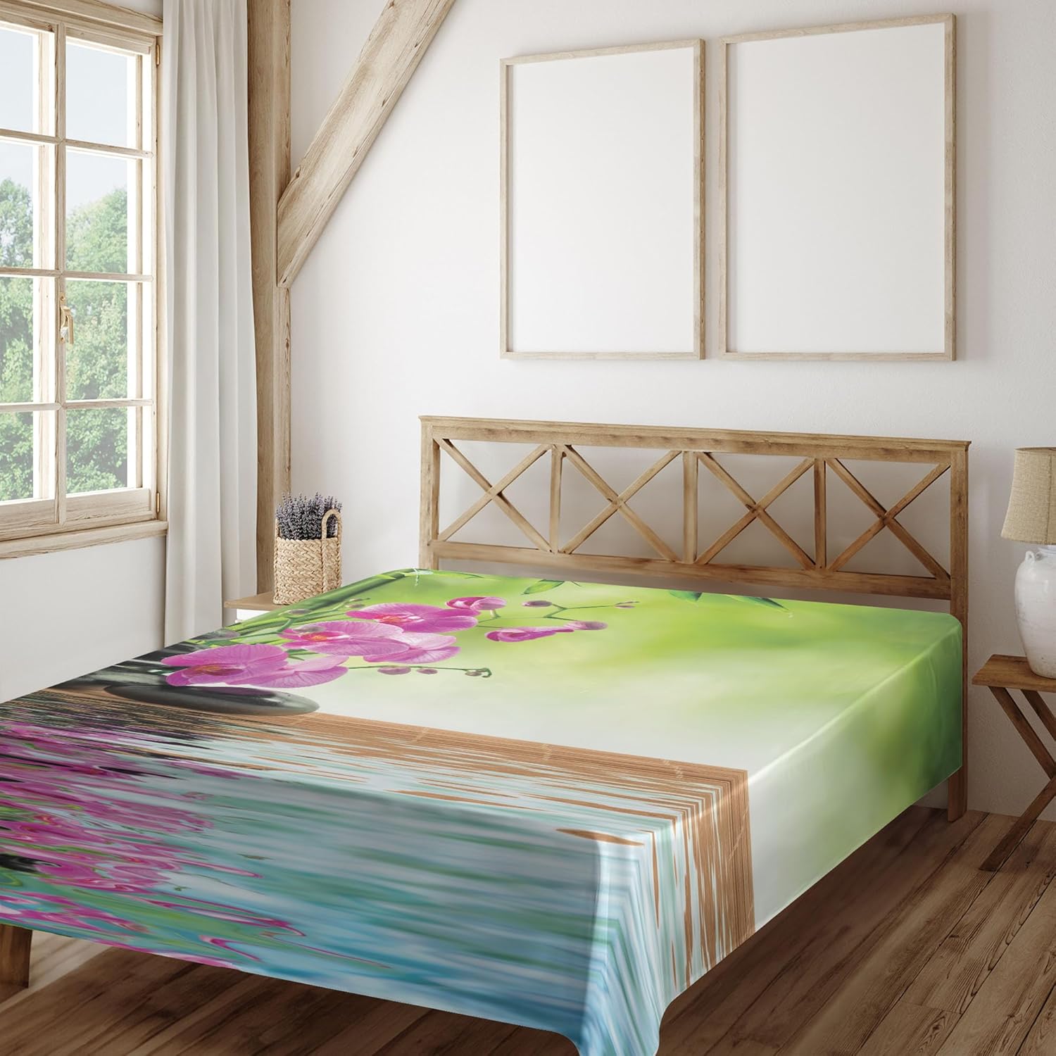 Ambesonne Spa Themed Flat Sheet, Orchid Flowers Pebble Stones and Exotic Branches on The Water Image, Soft Comfortable Top Sheet Decorative Bedding 1 Piece, Queen Size, Fern Green and Fuchsia