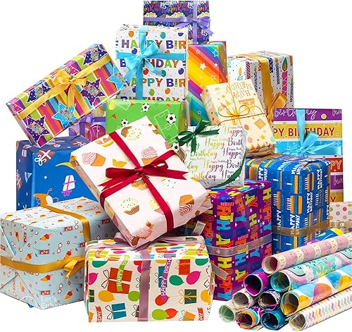 Egcina Papel de regalo de cumpleaños, 28 piezas de diseños diferentes, papel de regalo de boda de Navidad para niños, adultos, manualidades, sirenas