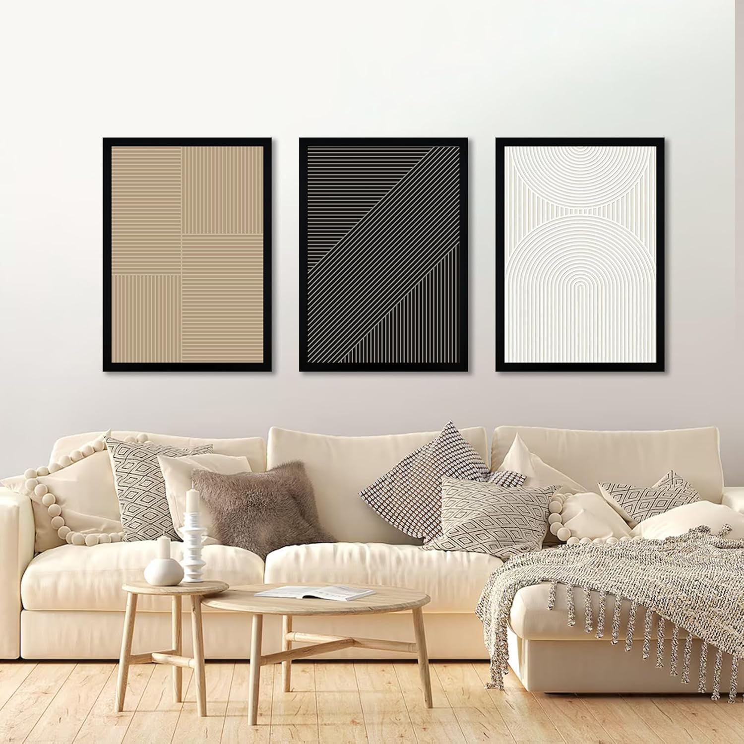 FWAHREN Framed Modern Abstract Minimalist Neutral Canvas Wall Art Set of 3, Geometric Textured Line Mid Century Prints Artwork, Contemporary Japandi Wall Decor, Living Room Bedroom Office, 16x24in