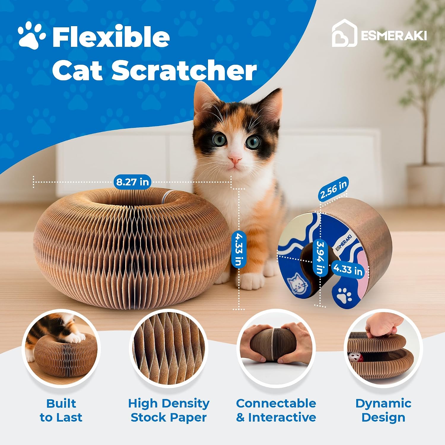 Flexible Cat Scratcher 5-Piece Bundle, Interactive Ball Track Cat Toy | Corrugated cardboard, magnetic foldable space-saving design. Flip the ring — the bell ball rolls 360°. For indoor cats.