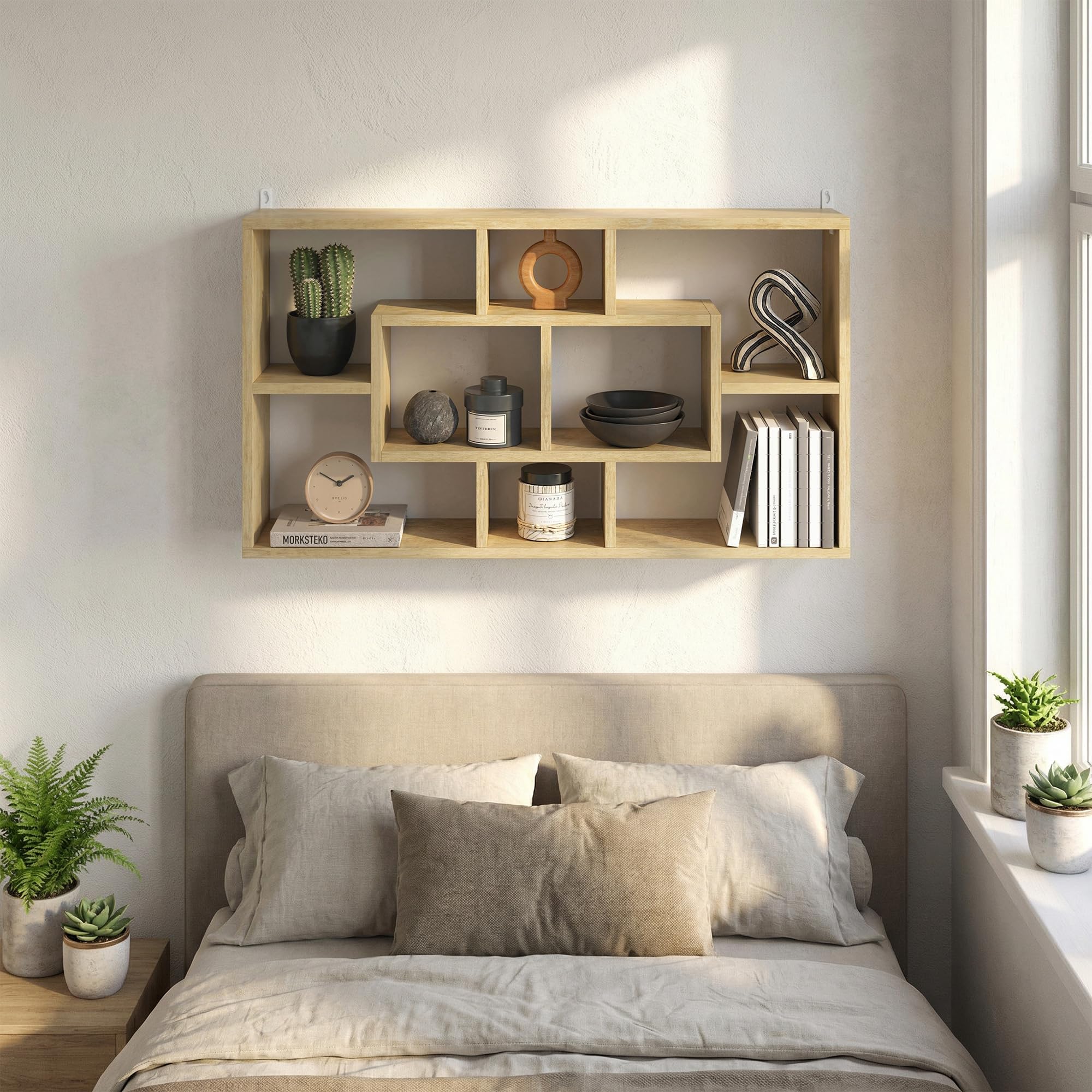 HOMCOM Estante de Pared Decorativo, Estantería para Libro, CDs, Baldas Flotantes con 8 Cubos, 85x14,5x47,5 cm, Carga 20kg, para Oficina, Estudio, Salón, Roble