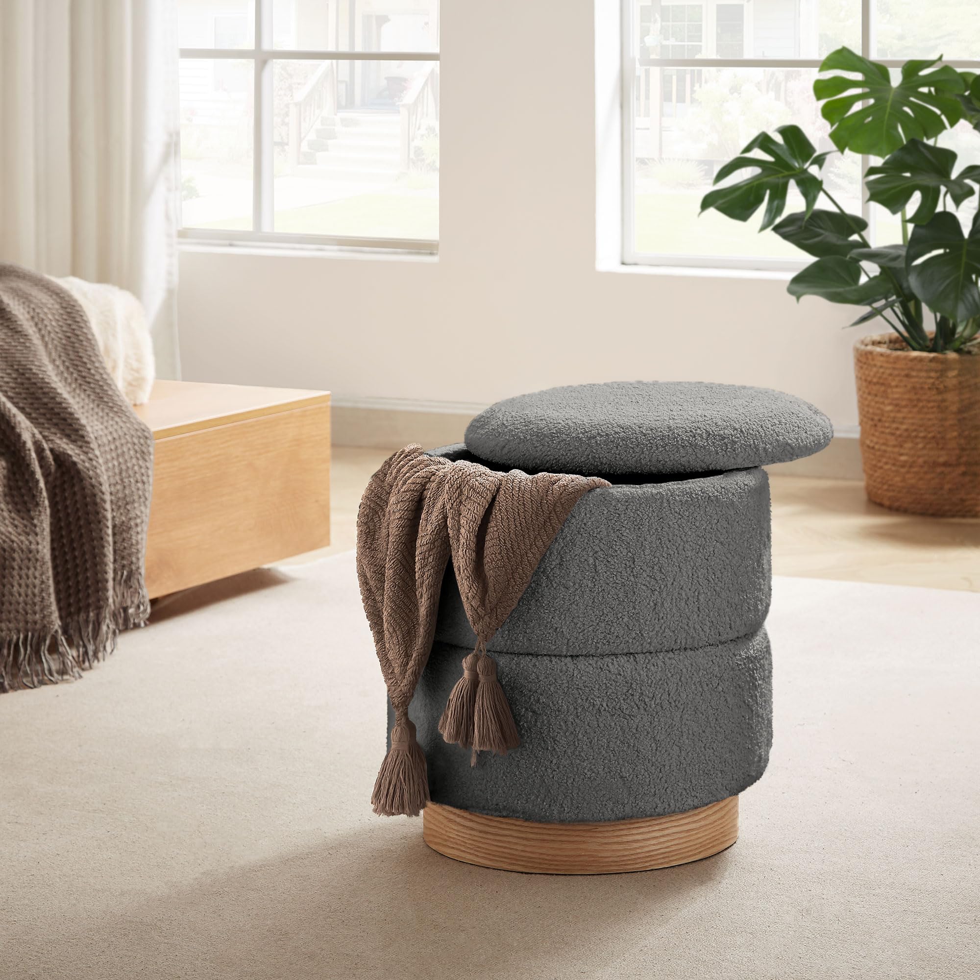 Pouf Coffre De Rangement HOMCOM - Tissu Bouclette, 45 X 41 Cm, Charge 120 Kg - Blanc - Pour Salon, Chambre, Entrée - 8