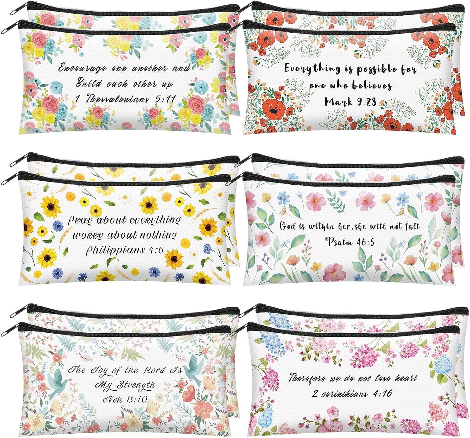 Sabary 12 Pcs Christmas Makeup Bags Gifts for Women Bulk Christian Bible Verse Cosmetic Bags Pencil Pouch Inspirational Flower Cosmetic Pouch Religious Church Gifts for Mom Sister(7.8 x 3.8 Inch)