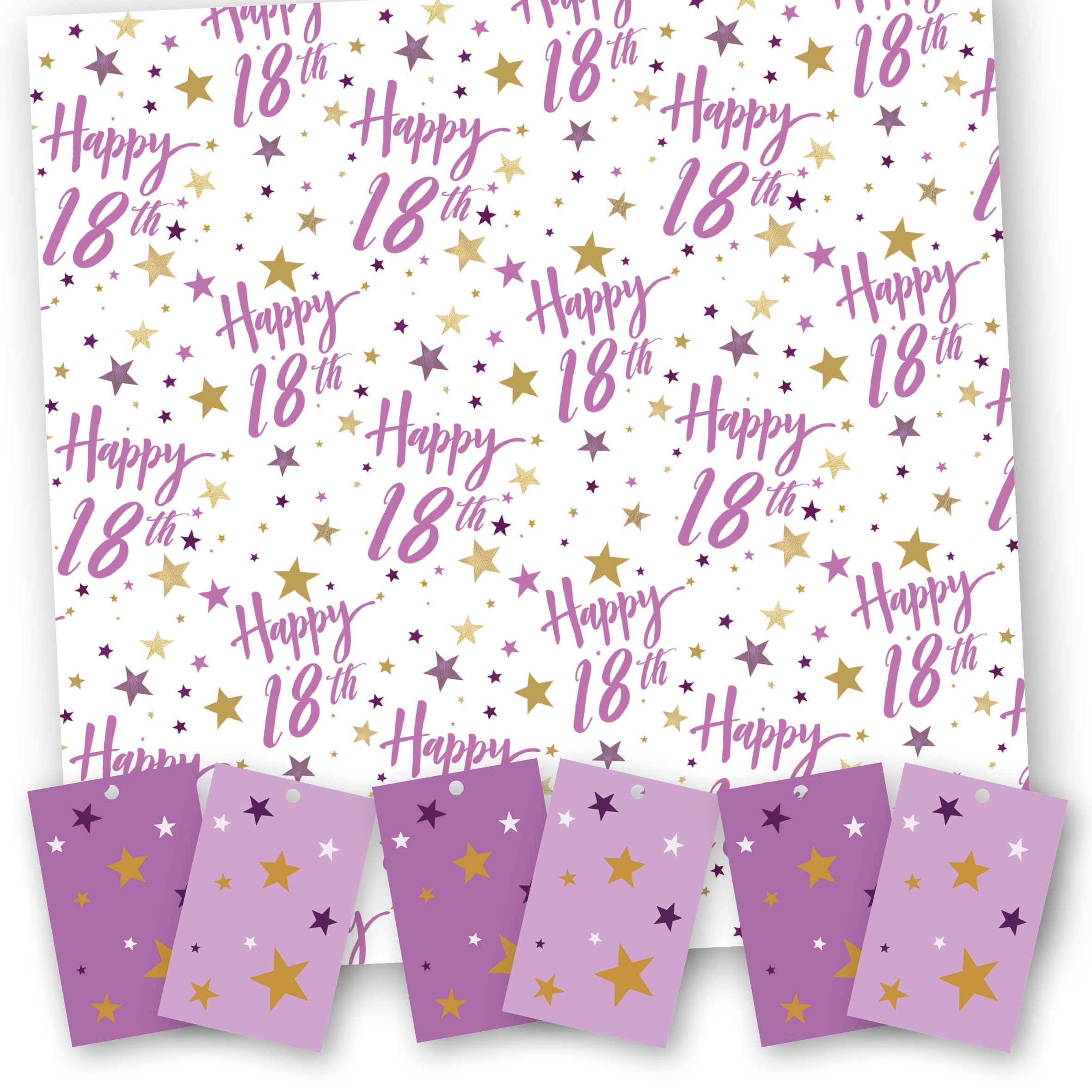 Happy 18th Birthday Gift Wrap for Girl. 5 XL Sheets (50 x 70cm). Wrapping Paper with matching Tags. Cutting grid on reverse. Made in UK.