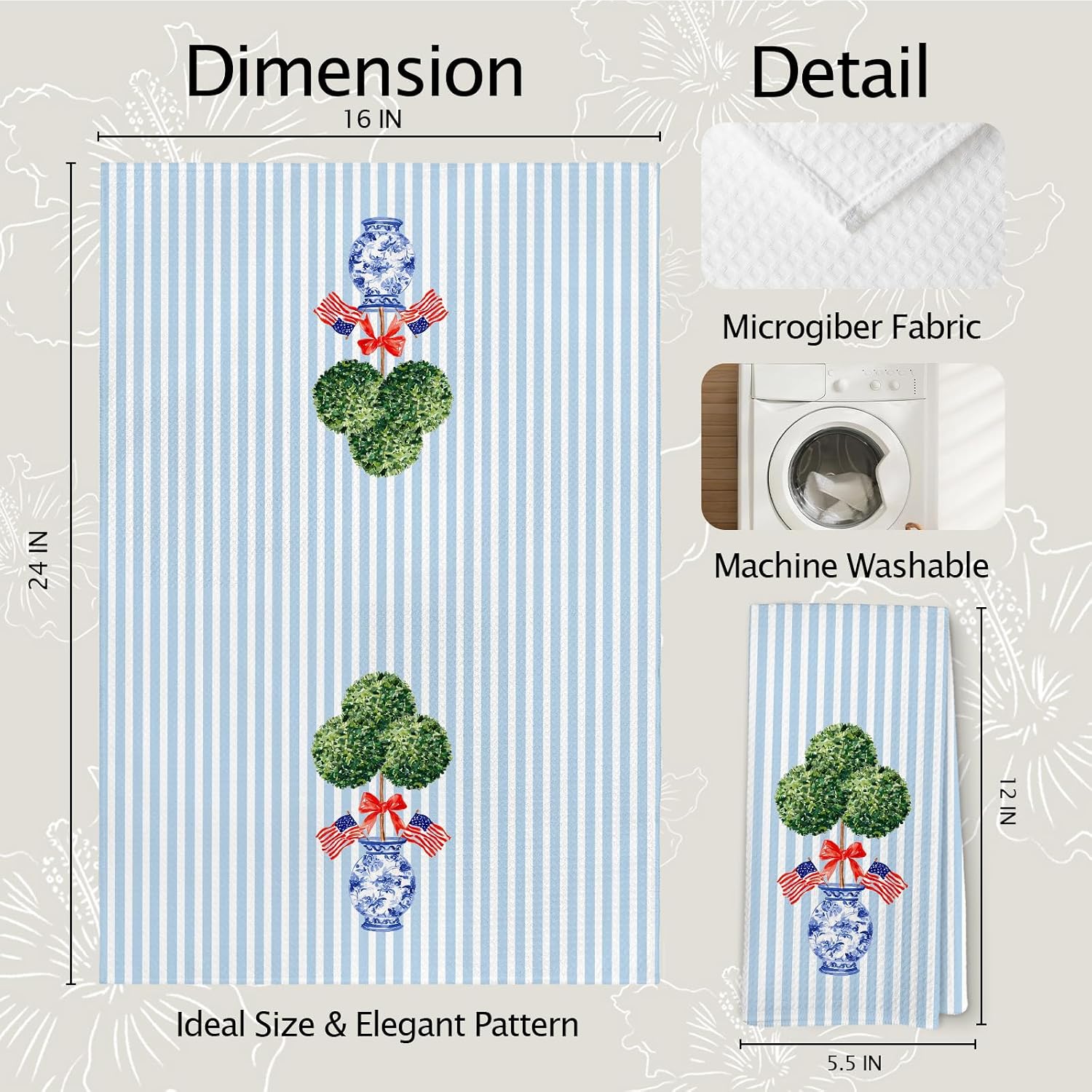Blue Chinoiserie Topiary Patriotic Kitchen Towels, Patriotic Hand Dish Tea Towel for Kitchen, 4th of July Independence Day Striped Decorative Hand Towel for Bathroom 16x24inch, Set of 2