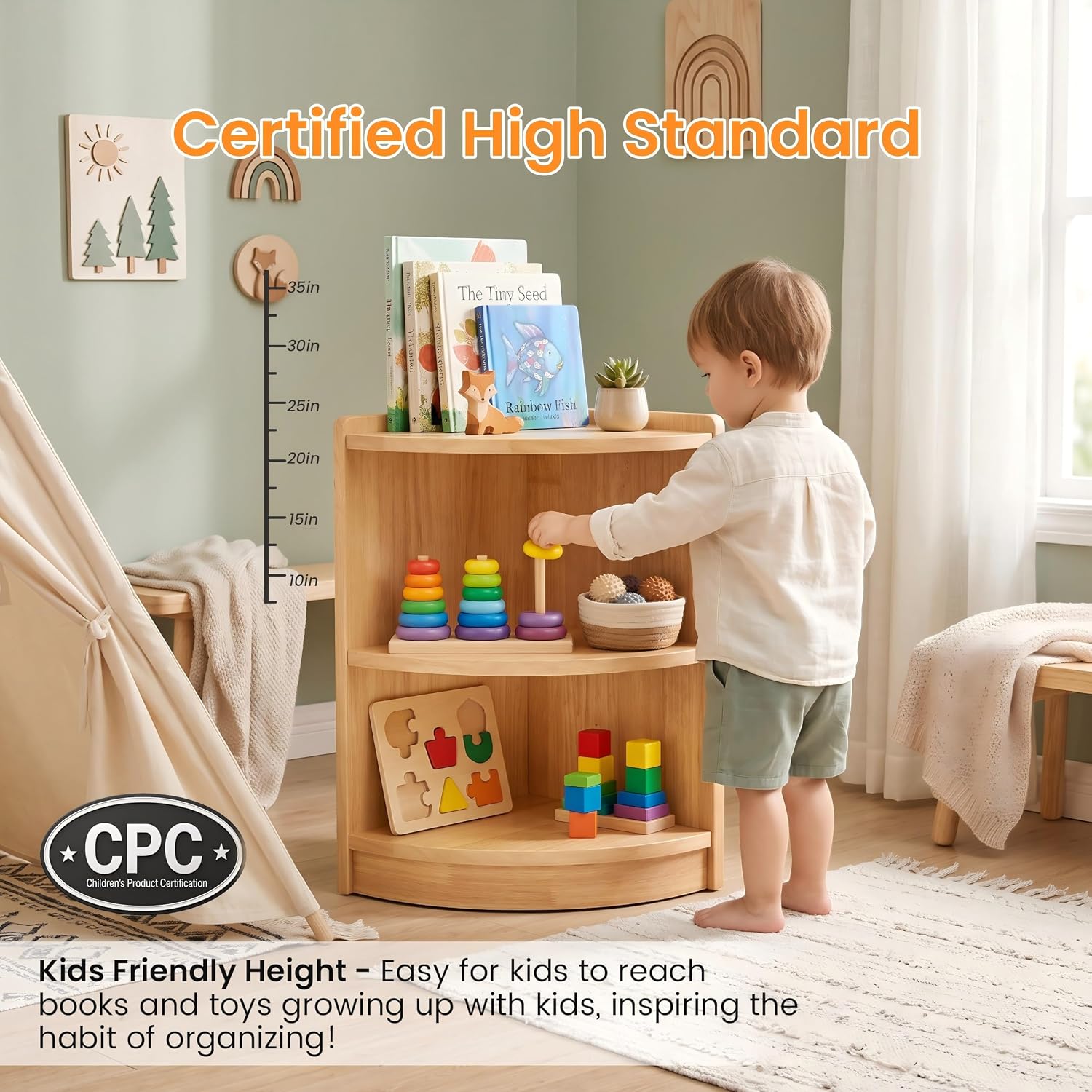 Sosola Rubber Wood Corner Cabinet, Kids Toy Storage Shelf, Bookshelf Storage Rack for Kids Bedrooms, Playrooms, Nurseries and Classrooms (Corner Bookcase) image 4