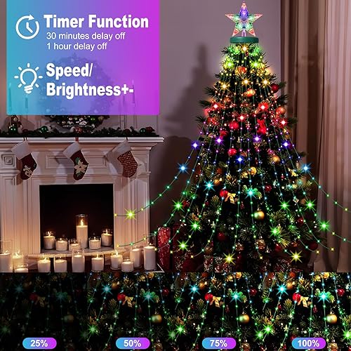 Miniatura 5 de Guirnalda de luces inteligentes para árbol de Navidad con anillo, 410 luces LED para árbol de Navidad, aplicación y control remoto, temporizador de