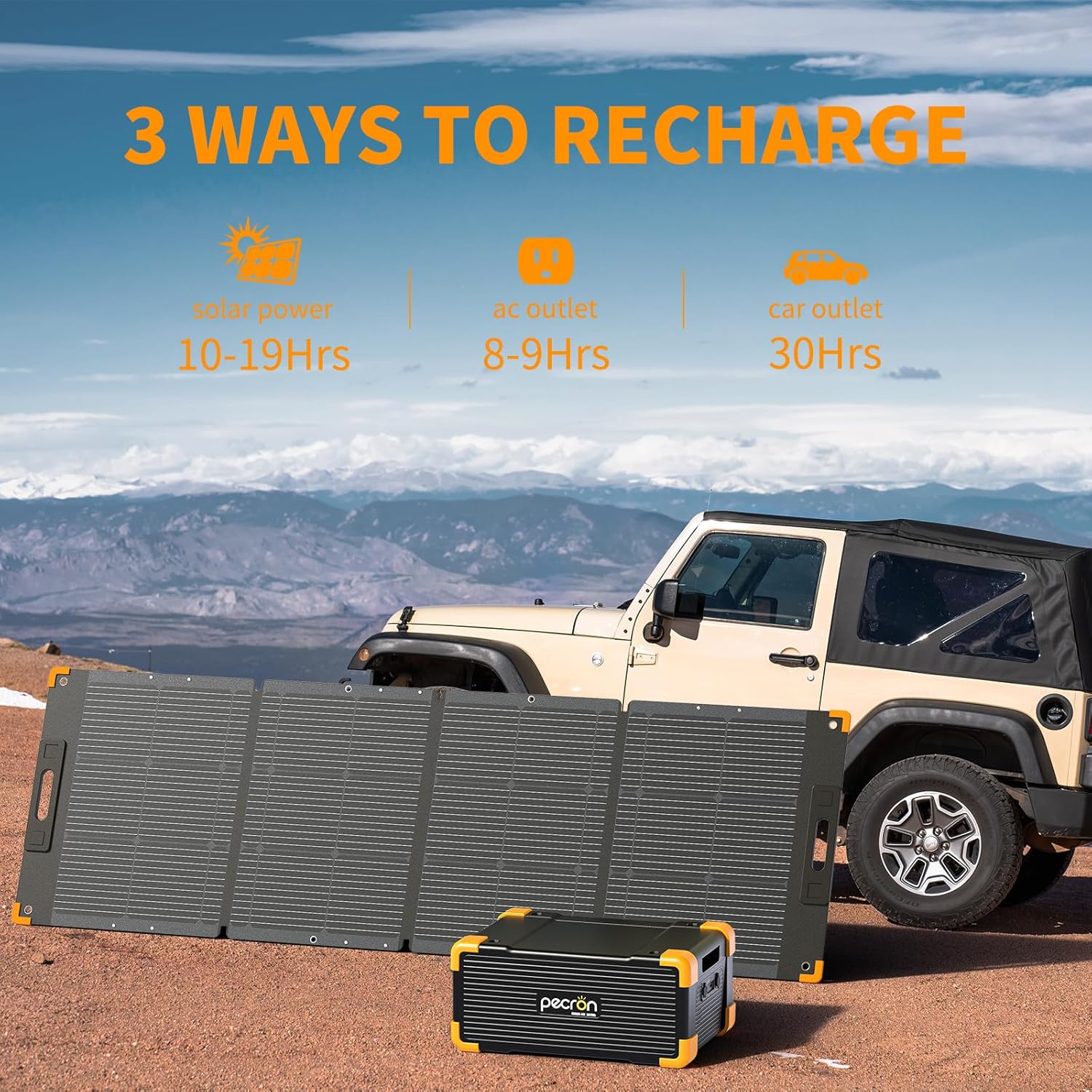 Three ways to recharge pecron EB3000-24V: solar power, AC outlet, car outlet