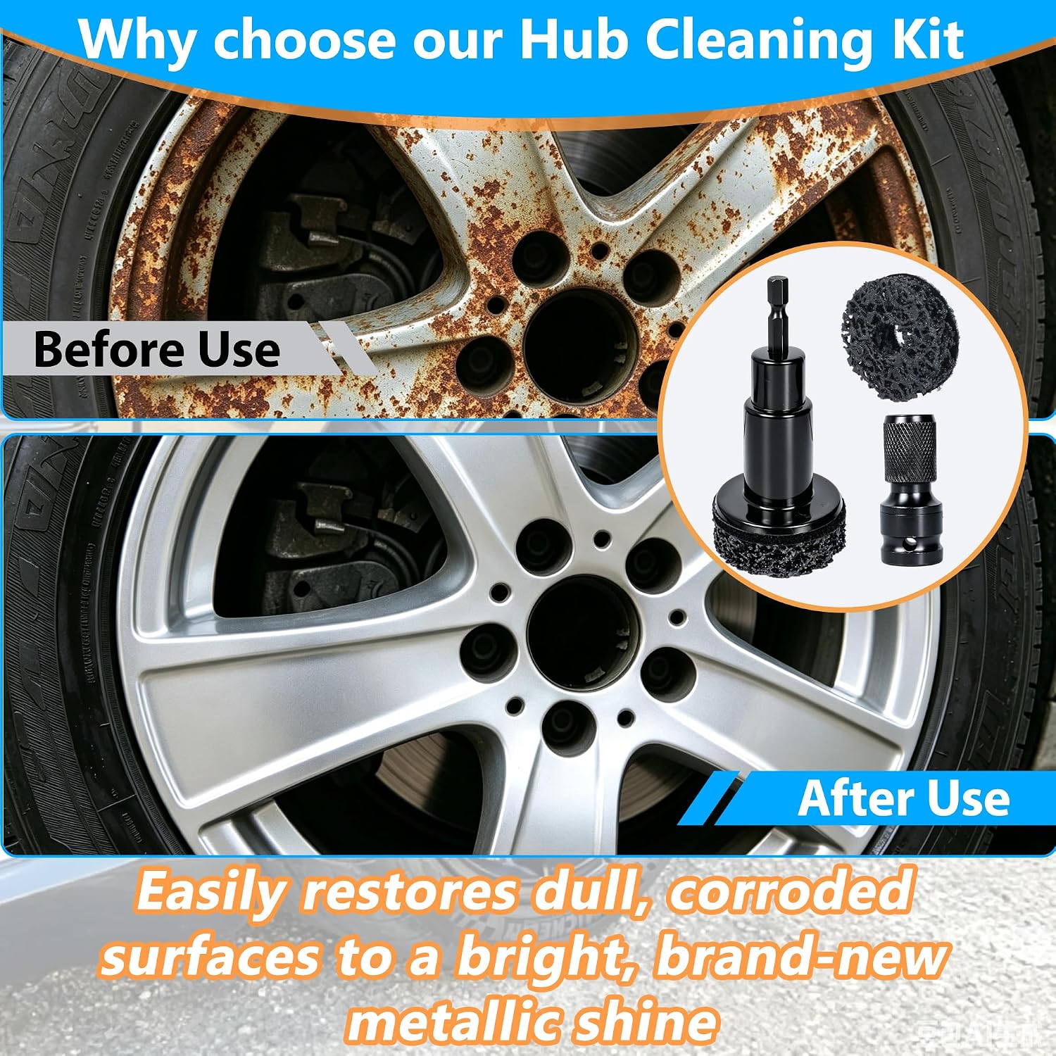 Wheel Bolt Cleaning Kit | Comes with 15 Treatment Pads Special Drill Bit & 1/2 Impact Wrench Adapter | Quickly Clear Rust on Wheel Bolts Brake Discs Hubs Stainless Steel Auto Brake Care Tool