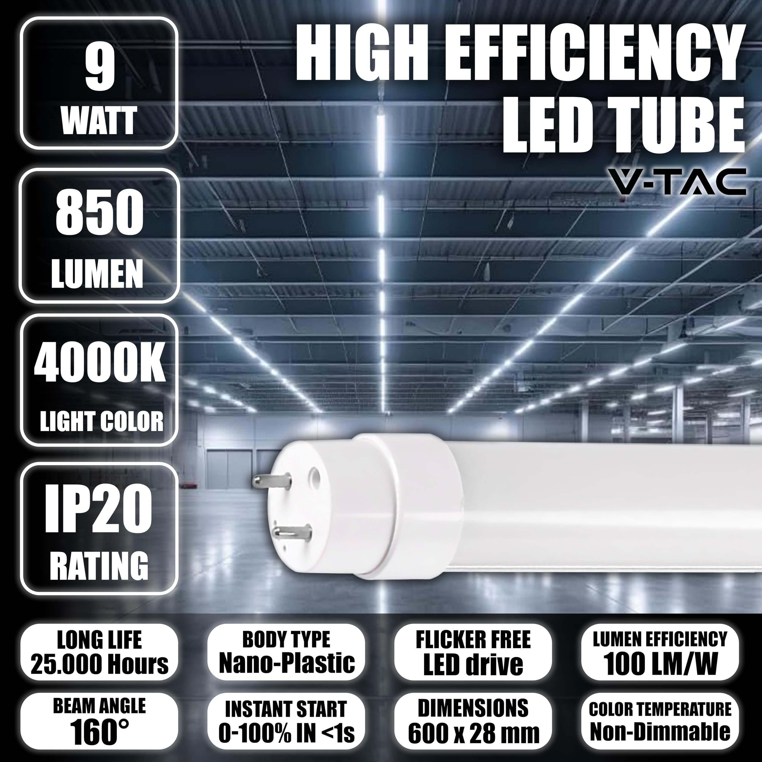 V-TAC 4 x lampa LED 60 cm – G13-9 W – [Chip CREE LED o wysokiej wydajności] 850 lumenów – lampa LED do sufitu, ściany lub garażu – rura LED w kształcie T8 – wymiana neonu – naturalne światło 4000 K