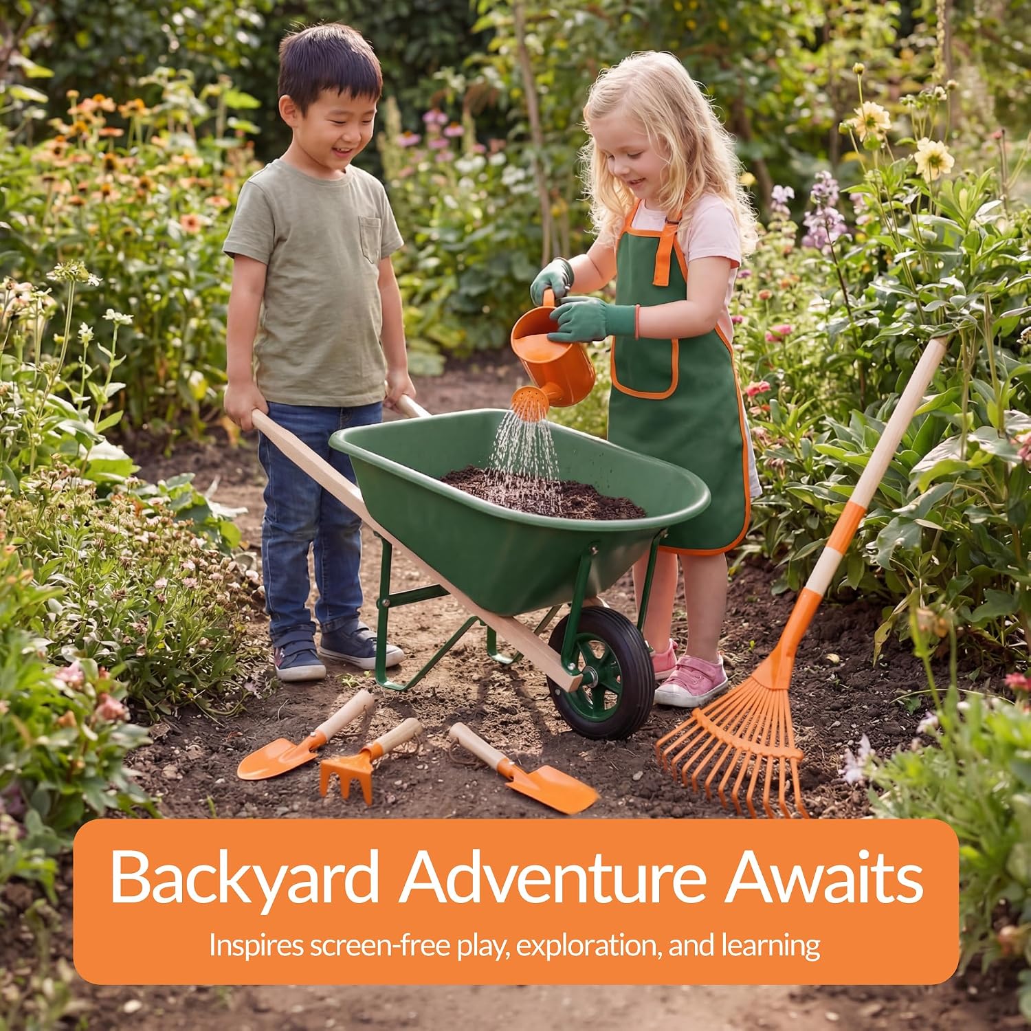 Best Choice Products Kids Wheelbarrow and Gardening Tool Set 8 Piece with Metal Tools, Watering Can, Apron and Gloves, Child Garden Play Set for Outdoor Backyard Play Ages 3+ - Green/Orange