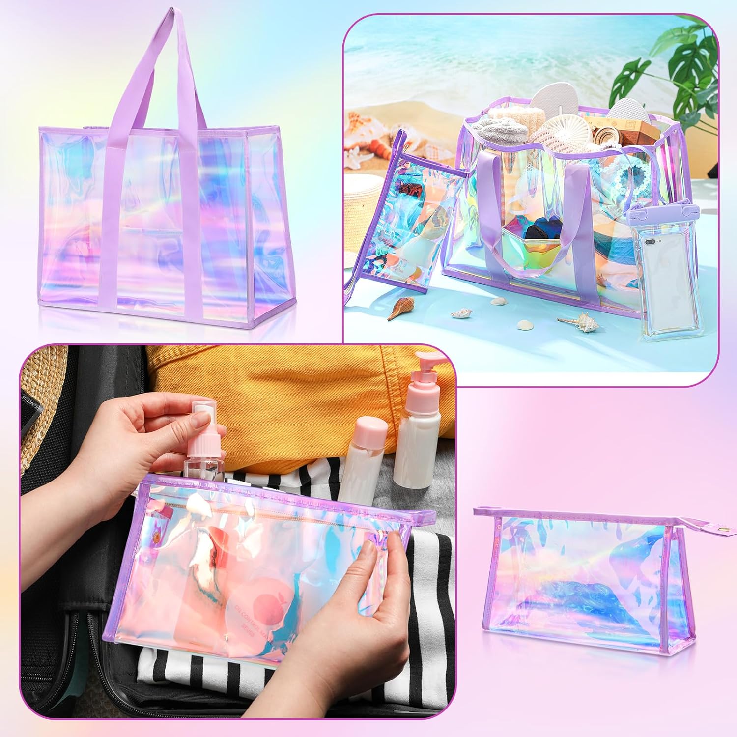 3 Pcs Waterproof Beach Bags Women Clear Iridescent Tote Bag Cosmetic Pouch for Phone Travel Beach Pool Essentials - Image 4