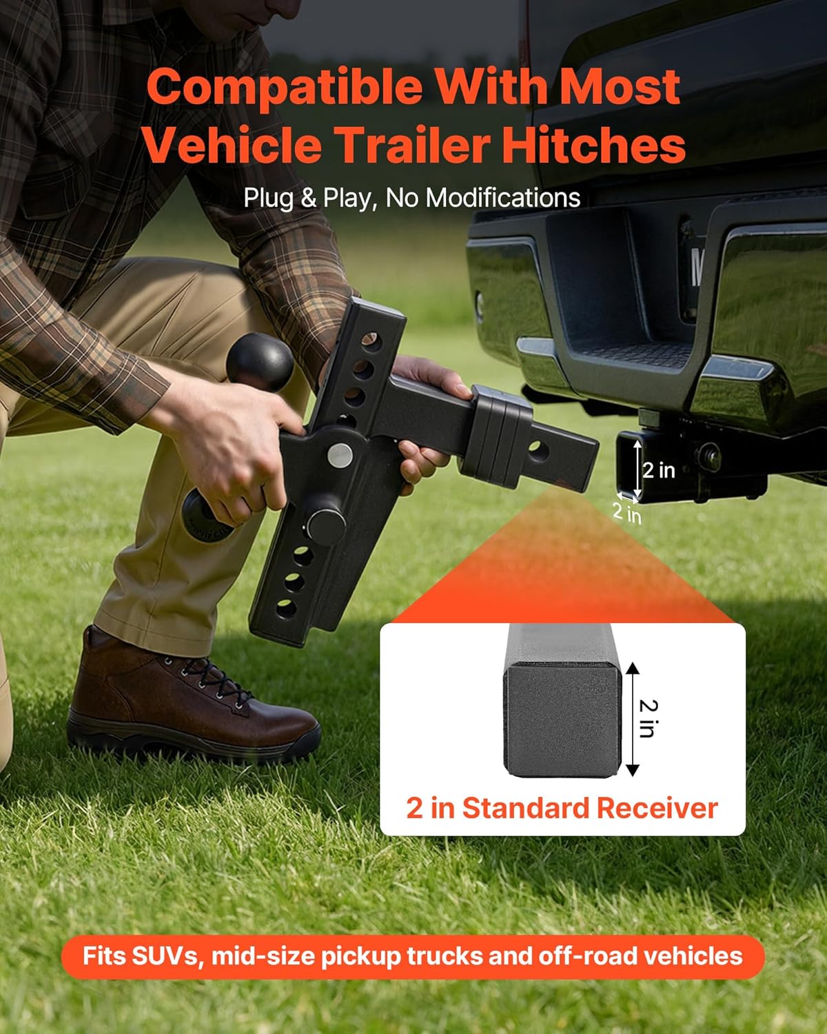 VEVOR Adjustable Trailer Hitch, Fit 2 Inch Receiver, Trailer Hitch Mount with 2 Inch & 2-5/16 Inch Balls, 18500 lbs GTW, 8 Inch Drop, Towing Ball Mounts for RVs, Off-Road Vehicles and Trucks, Black