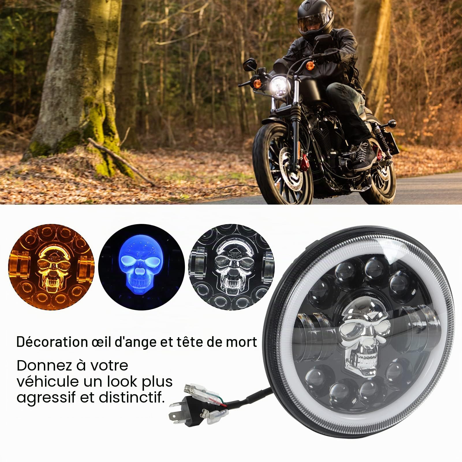 Fydun Phare LED 12V 7 Pouces Universel pour Moto - Angel Eye Rond Étanche Auxiliaire Blanc Tête de Mort Motif Lumière pour Motos et Voitures