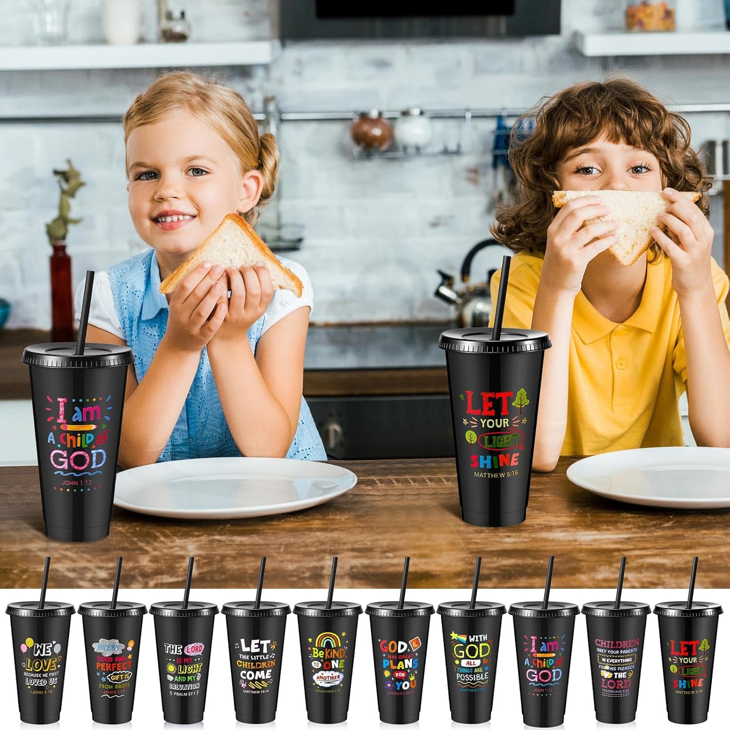 Uiifan 30 Pcs Bulk Christian Cups Gifts for Kids, 24oz Plastic Religious Jesus Cups with Bible Verse, Sunday School Gifts for Kids Children (Black) - Image 6