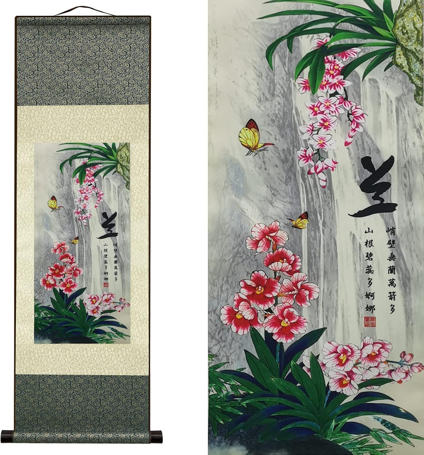 Atfart Men's G-04-2 Silk Scroll Painting Asian Wall Decor 4 Righteous Flowers - Plum Orchid Bamboo Chrysanthemum - Orchid Beautiful Chinese Art Wall Scroll Hanging Painting Scroll Oriental Decor(36.2X12in)