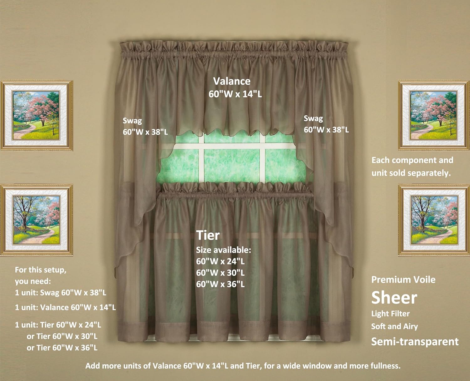 Today's Curtain Emelia Original Voile Swag Pair 38", Taupe, 60" W x 38" L