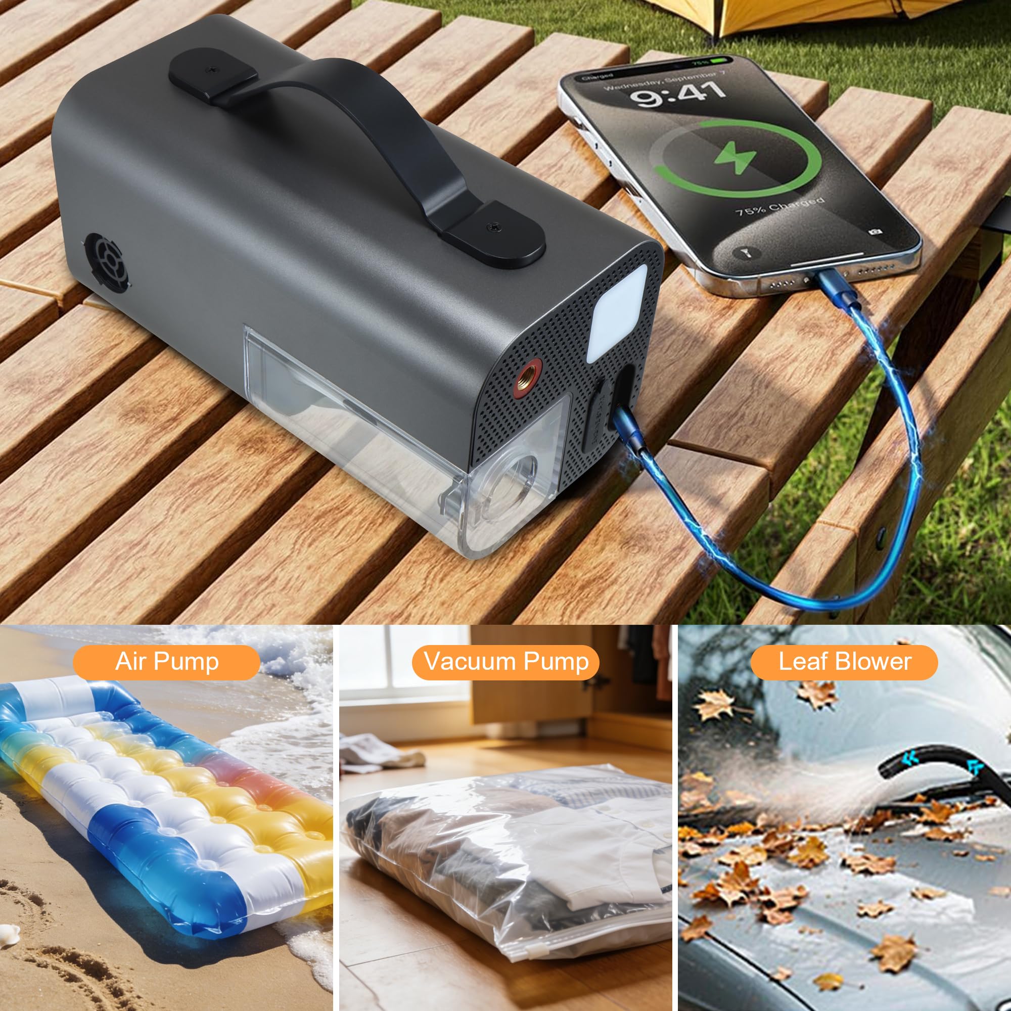 Compresor de aire portátil para inflador de neumáticos y arrancador de coche, bomba de aire de 150 PSI con medidor digital, luz LED, apagado automático, succión de aire y soplado, para pelotas de