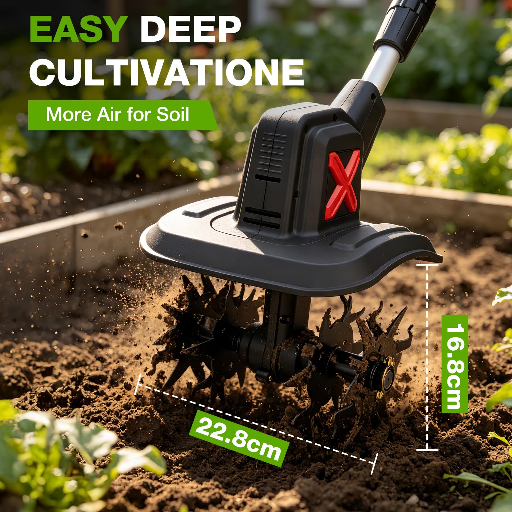 SHALL 21V Motozappa elettrica , completa di 2 batterie e caricabatterie，Area di lavoro: 22,8 cm x 16,8 cm, ideale per la lavorazione di prato, giardino e terreno