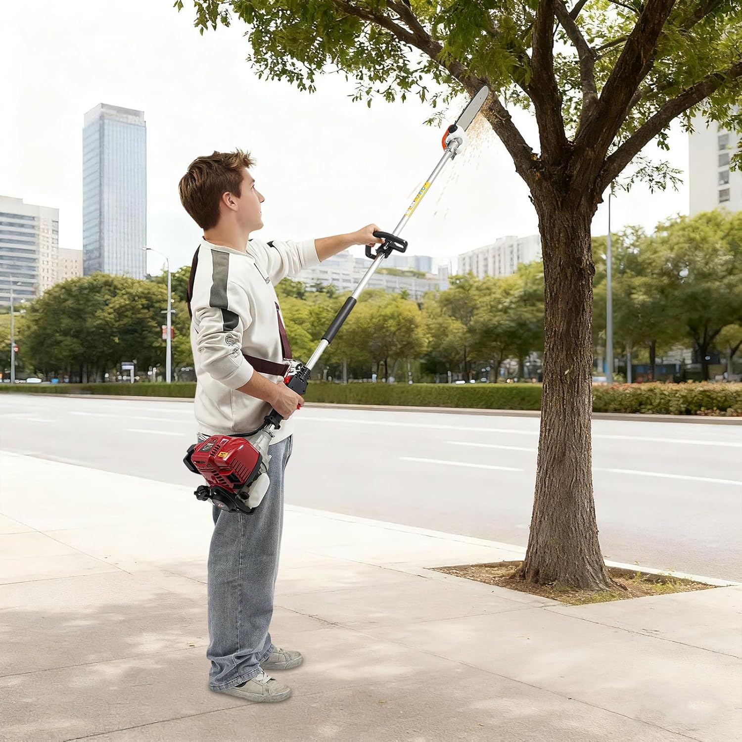 Gas Pole Saw, 37.7CC 4 Stroke Gas Powered Pole Saw with 12in Cutting Bar, 1.2KW Cordless Tree Trimmer 640g/kw.h High-Reach Tree Pruner for Wood Cutting, Garden Pruning